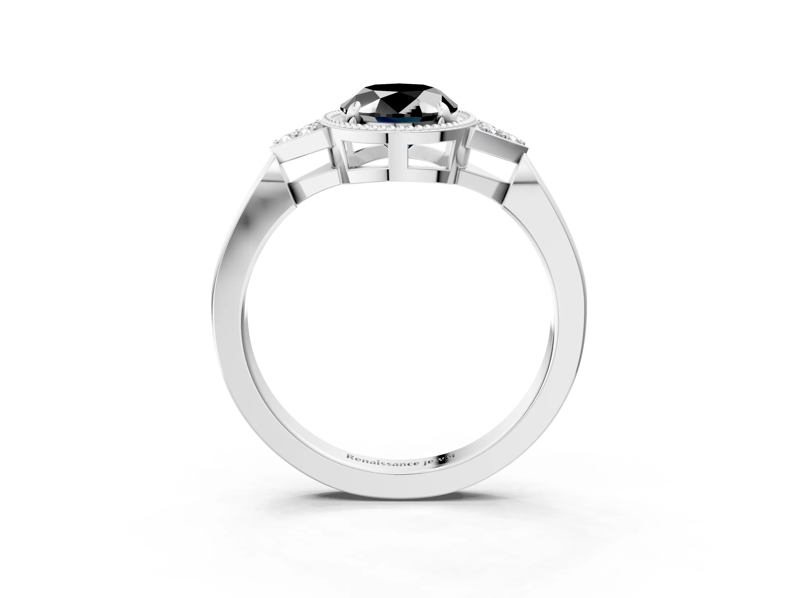 White gold Hexagonal Halo Fancy Black Oval Cut Diamond Solitaire with Pavé Band and Four-Prong Setting_18
