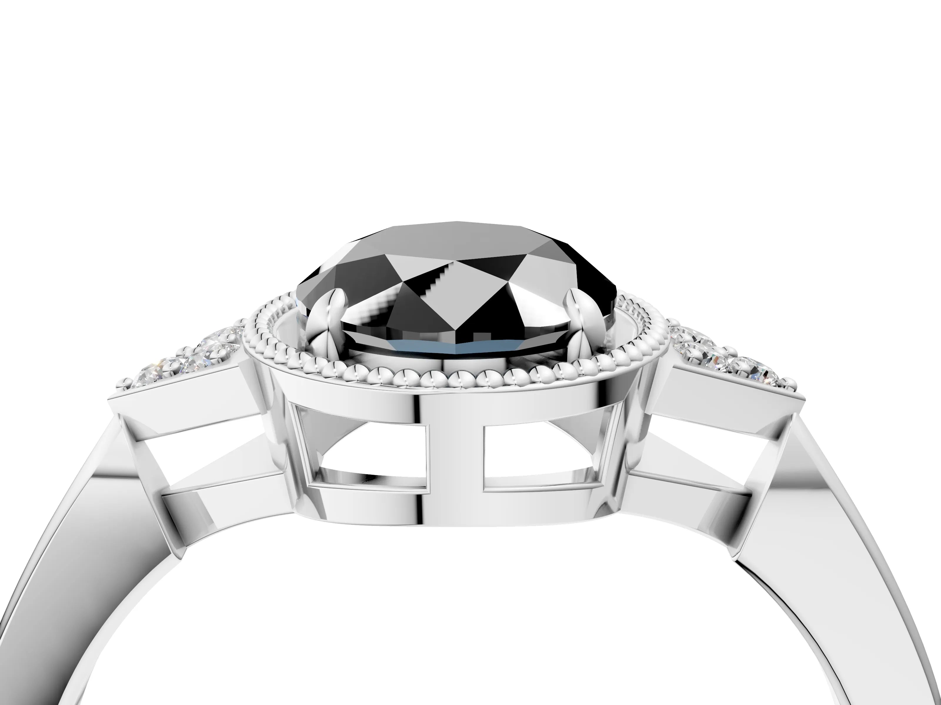 White gold Hexagonal Halo Fancy Black Oval Cut Diamond Solitaire with Pavé Band and Four-Prong Setting_19