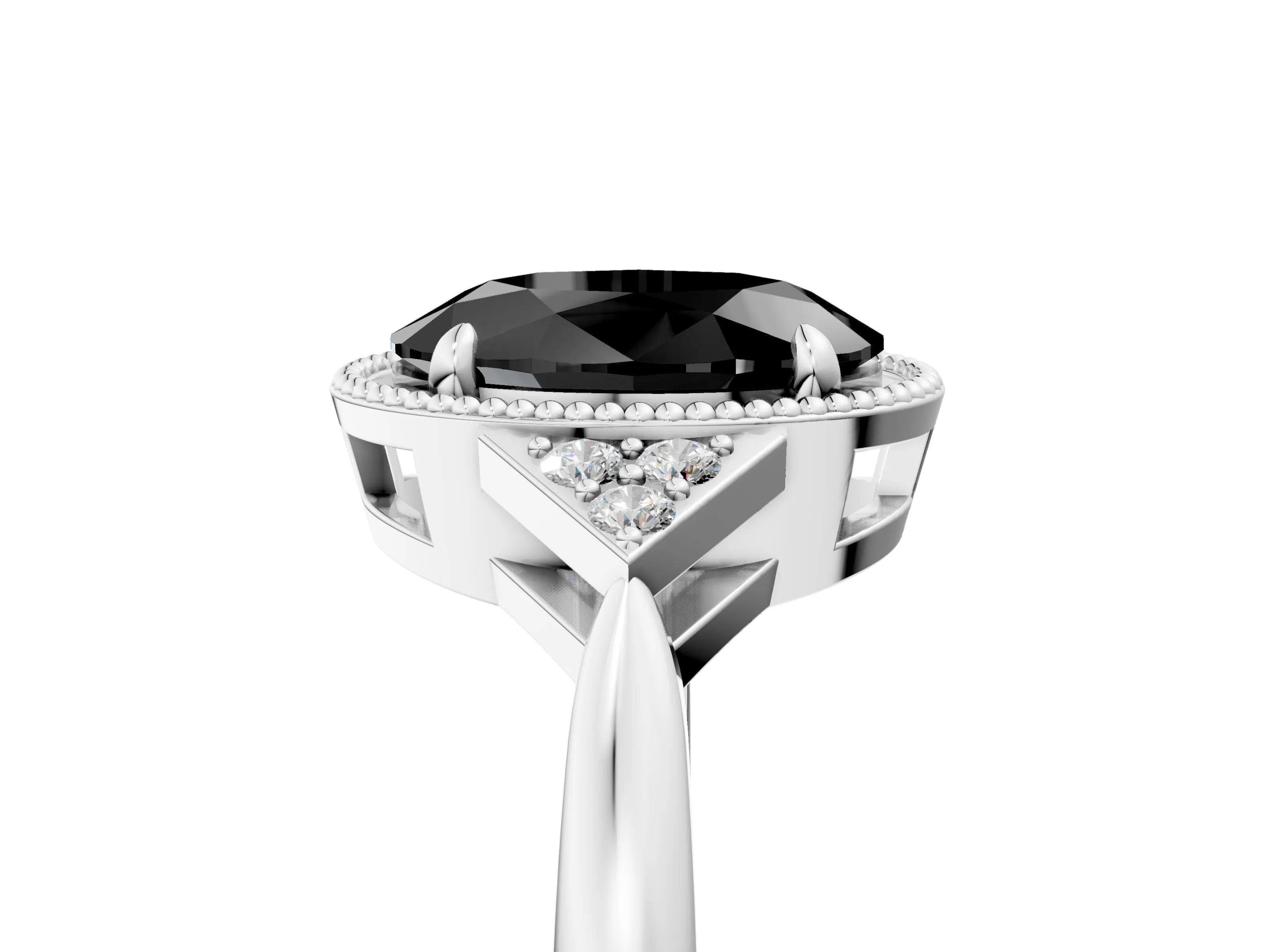 White gold Hexagonal Halo Fancy Black Oval Cut Diamond Solitaire with Pavé Band and Four-Prong Setting_20