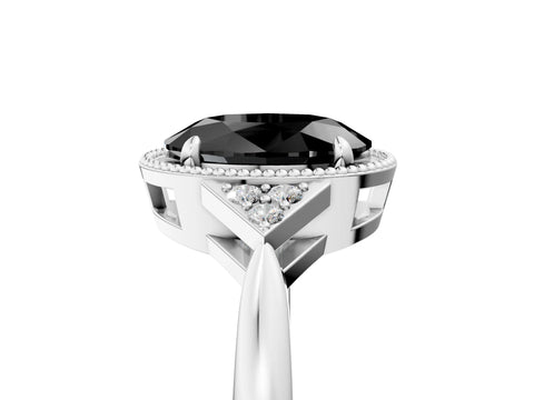 White gold Hexagonal Halo Fancy Black Oval Cut Diamond Solitaire with Pavé Band and Four-Prong Setting_20