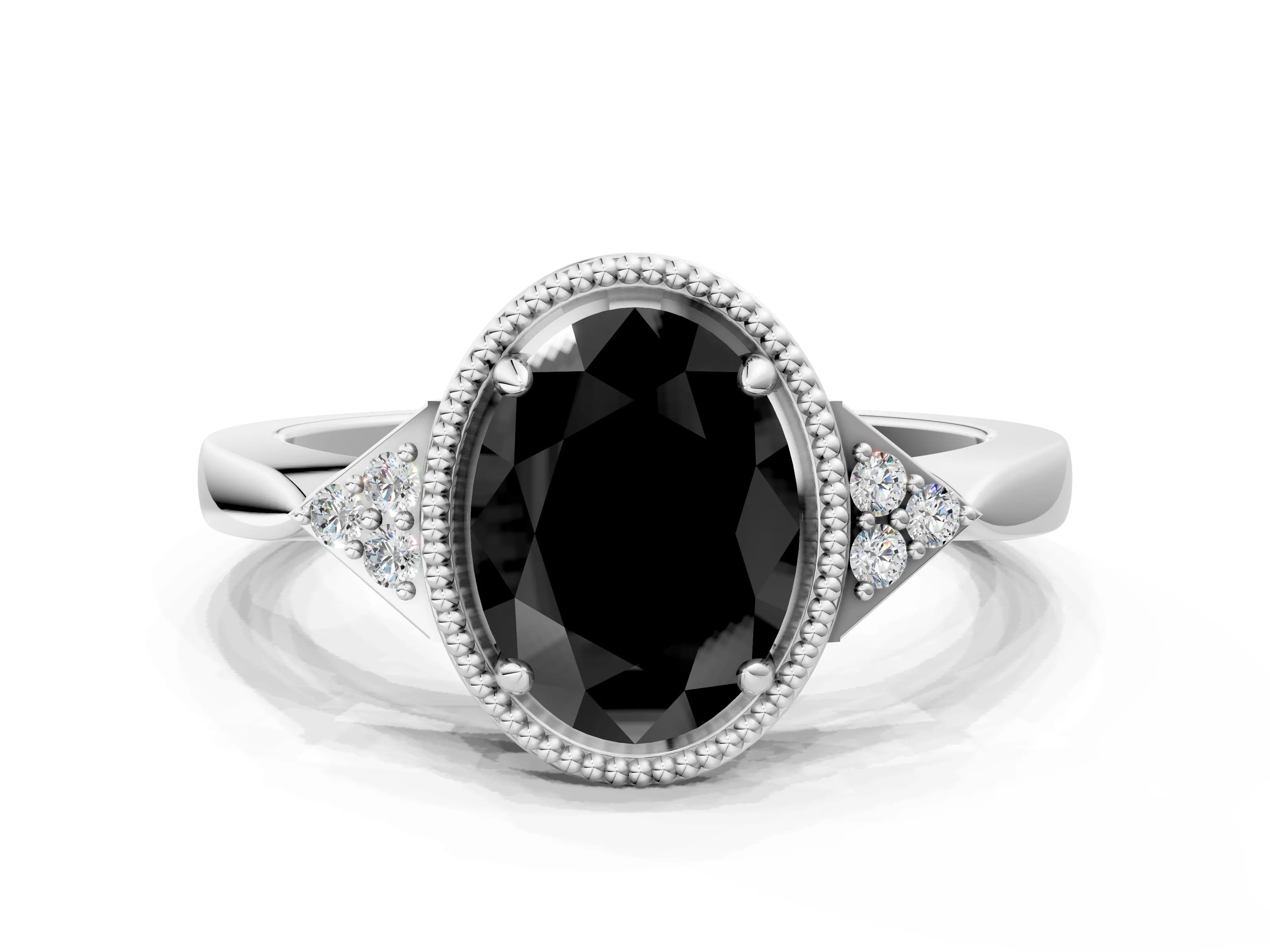 White gold Hexagonal Halo Fancy Black Oval Cut Diamond Solitaire with Pavé Band and Four-Prong Setting_3