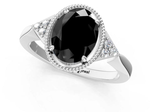 White gold Hexagonal Halo Fancy Black Oval Cut Diamond Solitaire with Pavé Band and Four-Prong Setting_4