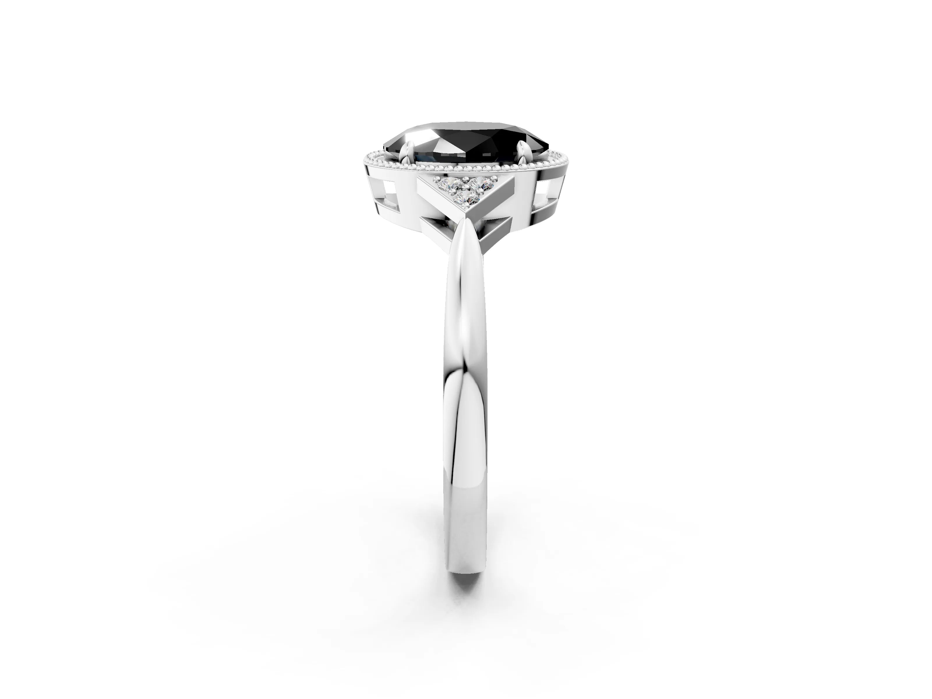 White gold Hexagonal Halo Fancy Black Oval Cut Diamond Solitaire with Pavé Band and Four-Prong Setting_5