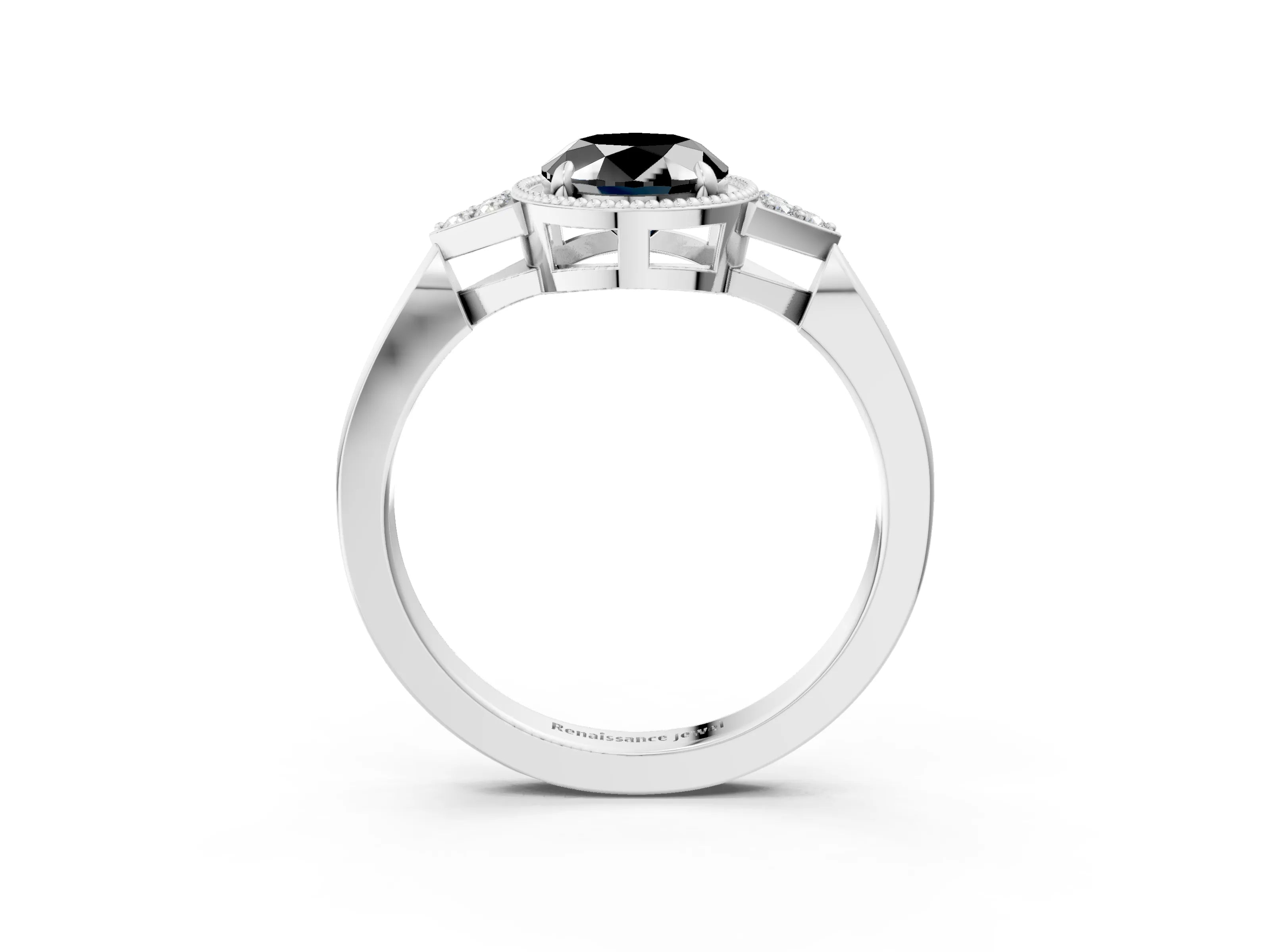 White gold Hexagonal Halo Fancy Black Oval Cut Diamond Solitaire with Pavé Band and Four-Prong Setting_6