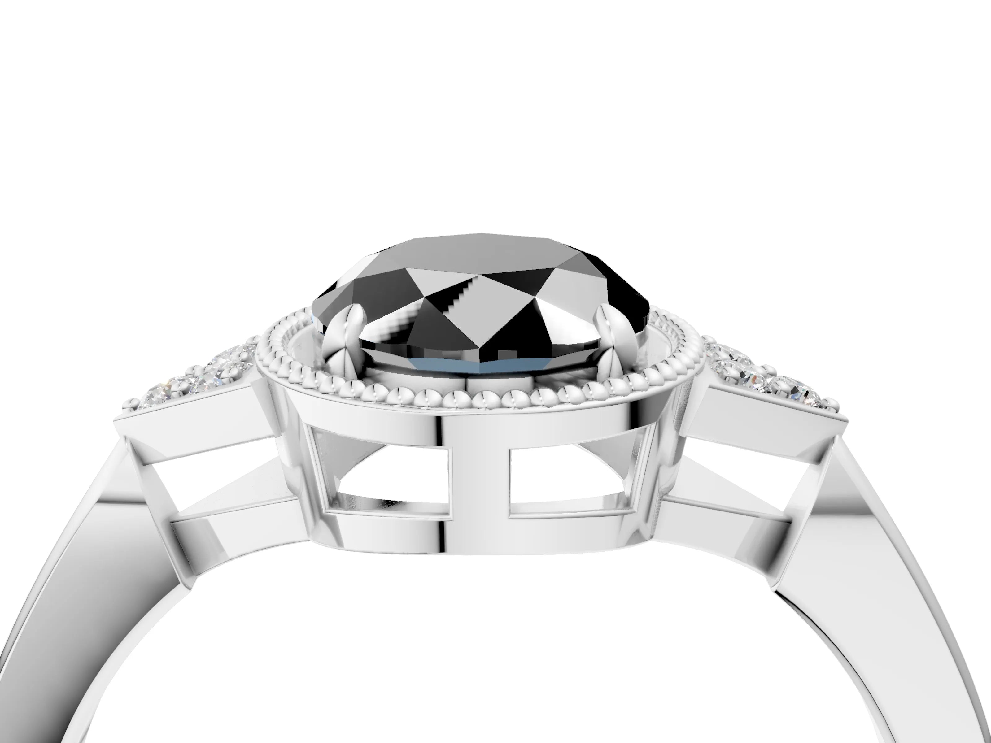 White gold Hexagonal Halo Fancy Black Oval Cut Diamond Solitaire with Pavé Band and Four-Prong Setting_7