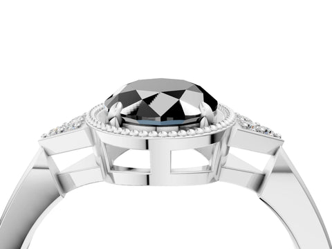 White gold Hexagonal Halo Fancy Black Oval Cut Diamond Solitaire with Pavé Band and Four-Prong Setting_7
