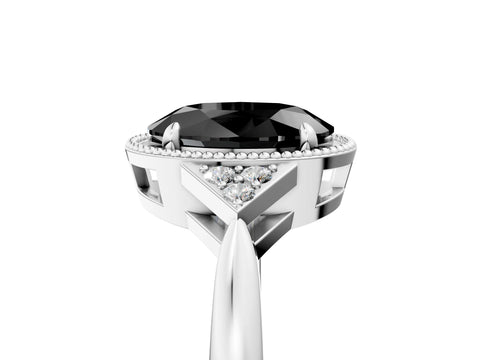 White gold Hexagonal Halo Fancy Black Oval Cut Diamond Solitaire with Pavé Band and Four-Prong Setting_8