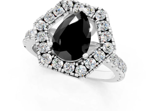 White gold Hexagonal Halo Fancy Black Pear Cut Diamond Pavé Band with Four-Prong Setting_1