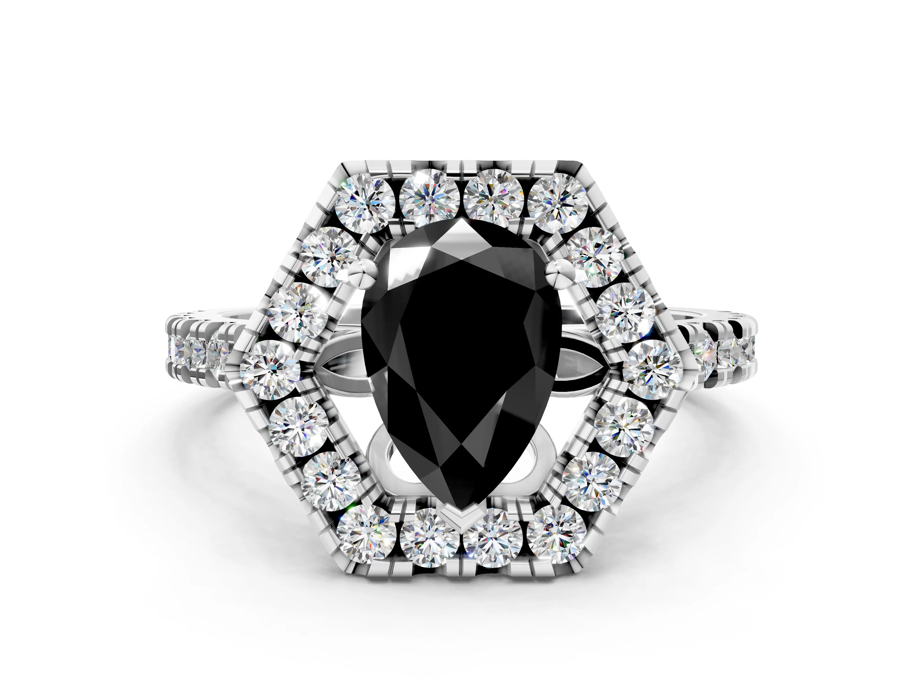 White gold Hexagonal Halo Fancy Black Pear Cut Diamond Pavé Band with Four-Prong Setting