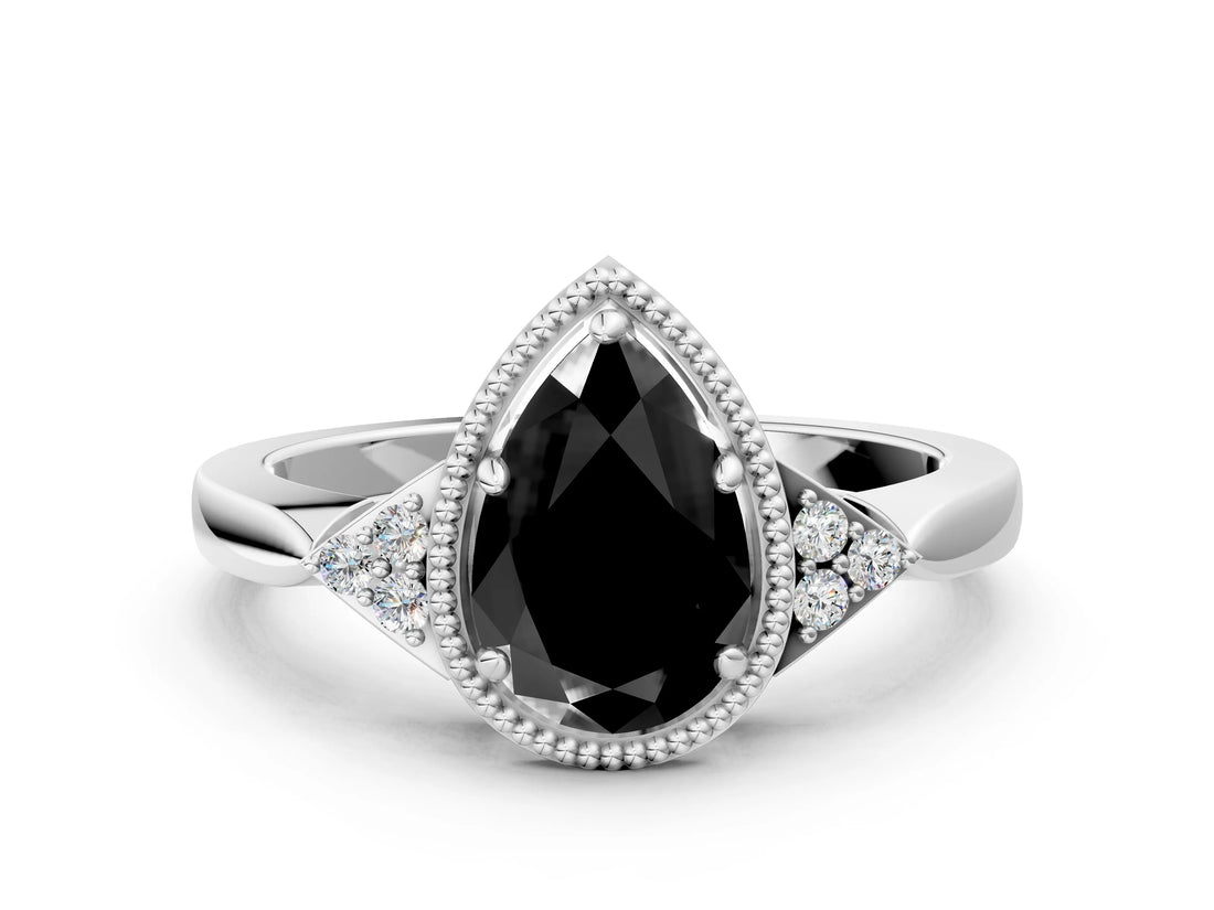 White gold Hexagonal Halo Fancy Black Pear Cut Diamond Solitaire with Pavé Band and Four-Prong Setting_15