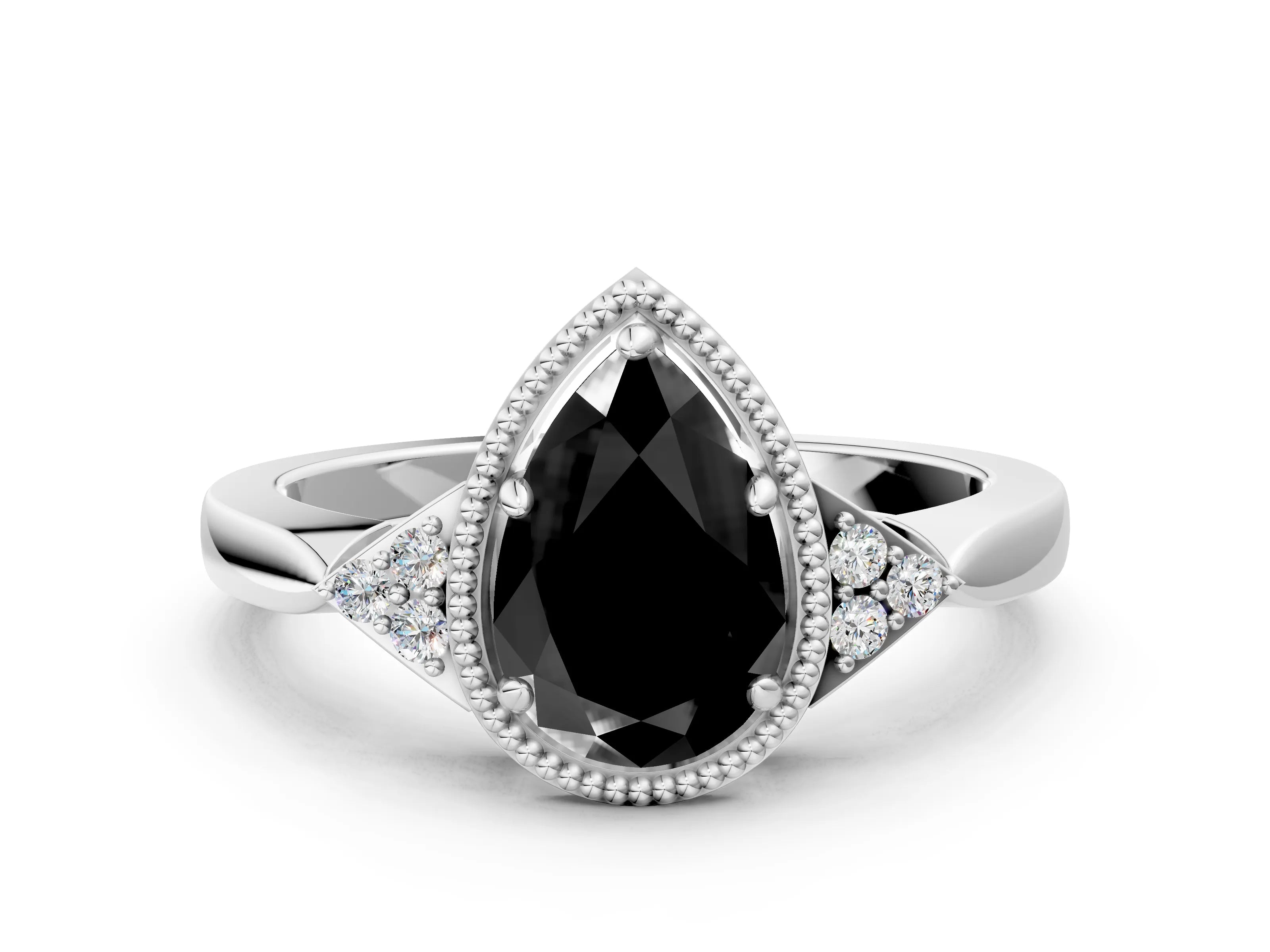 White gold Hexagonal Halo Fancy Black Pear Cut Diamond Solitaire with Pavé Band and Four-Prong Setting_15