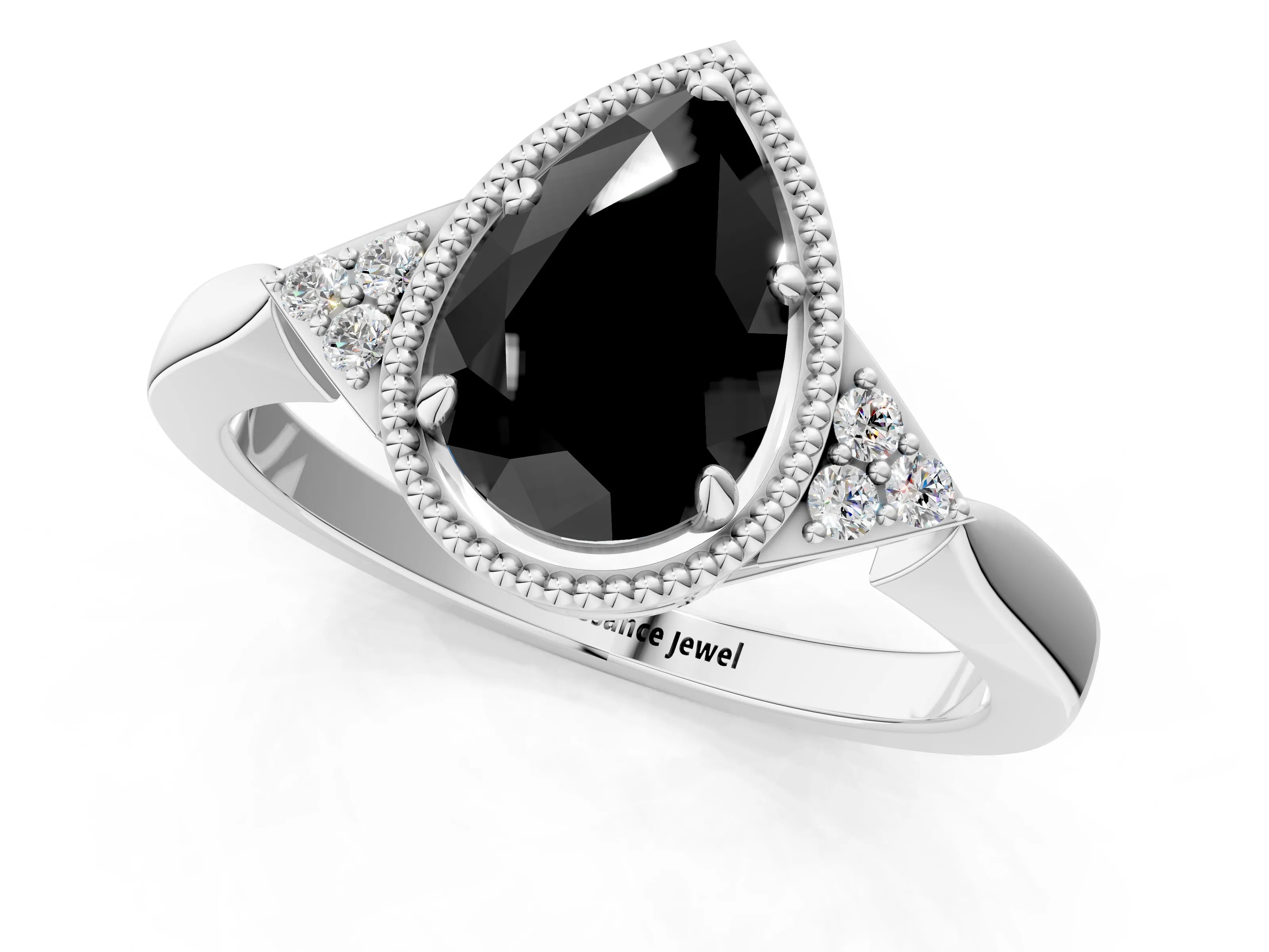 White gold Hexagonal Halo Fancy Black Pear Cut Diamond Solitaire with Pavé Band and Four-Prong Setting_16