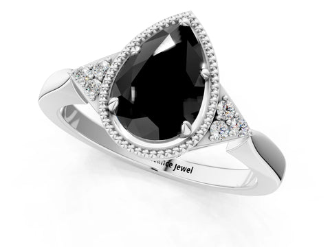 White gold Hexagonal Halo Fancy Black Pear Cut Diamond Solitaire with Pavé Band and Four-Prong Setting_16