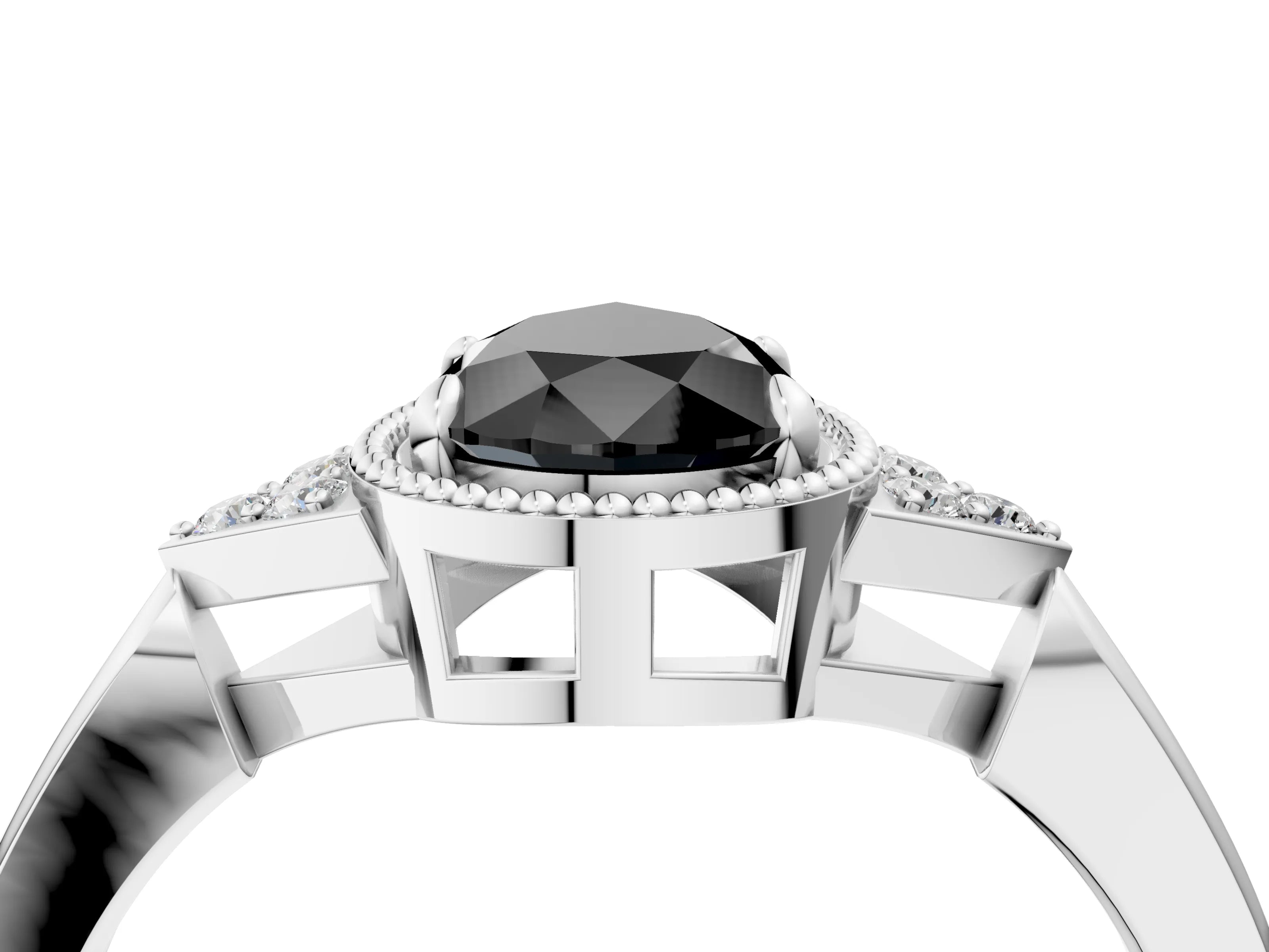 White gold Hexagonal Halo Fancy Black Pear Cut Diamond Solitaire with Pavé Band and Four-Prong Setting_19