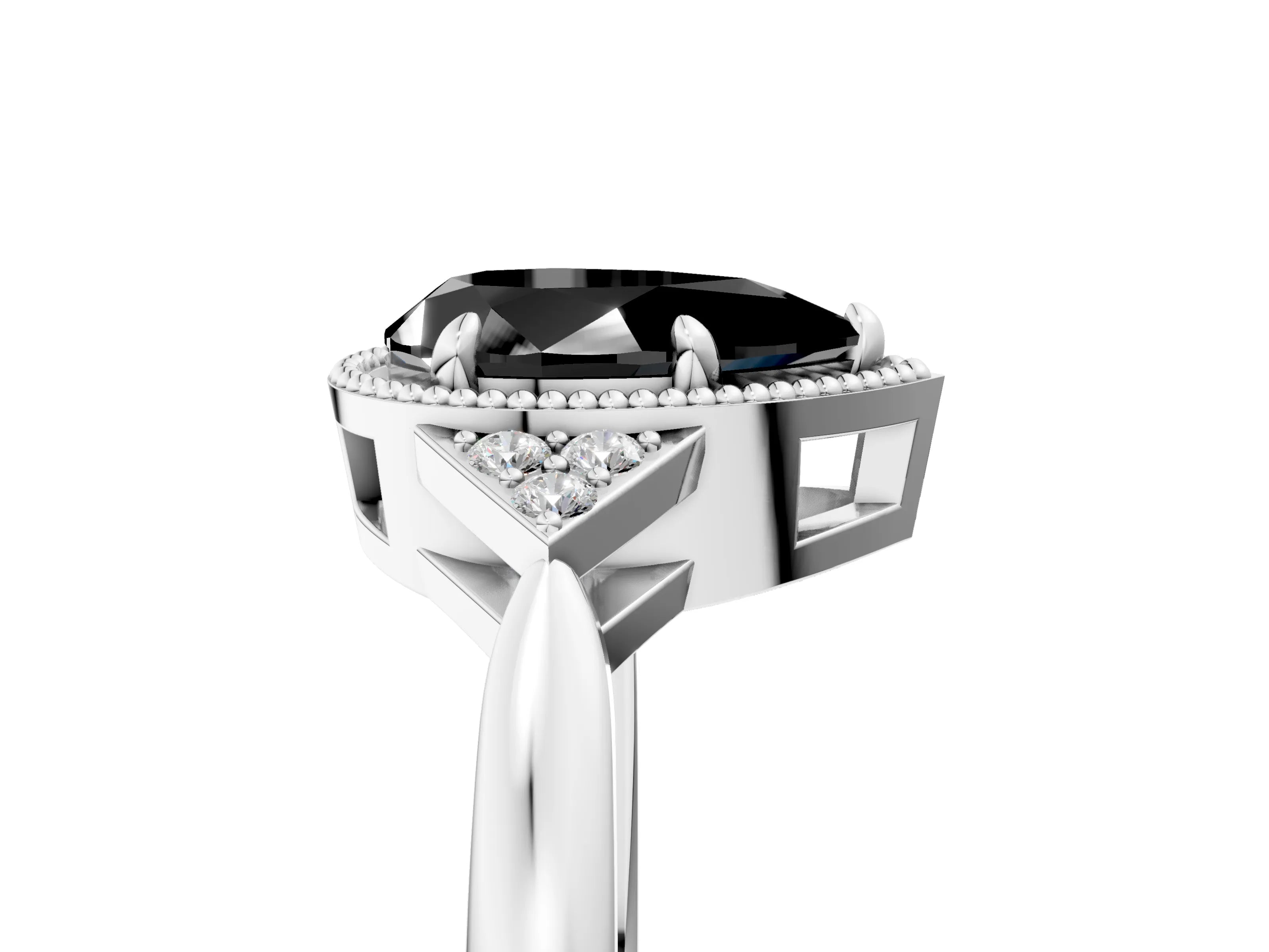 White gold Hexagonal Halo Fancy Black Pear Cut Diamond Solitaire with Pavé Band and Four-Prong Setting_20