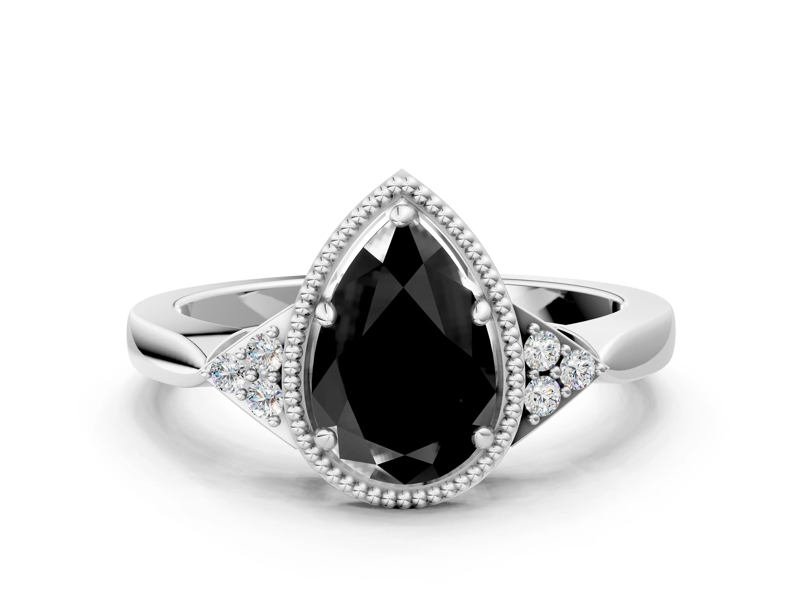 White gold Hexagonal Halo Fancy Black Pear Cut Diamond Solitaire with Pavé Band and Four-Prong Setting_3