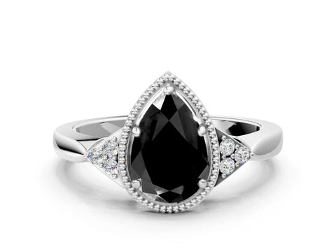 White gold Hexagonal Halo Fancy Black Pear Cut Diamond Solitaire with Pavé Band and Four-Prong Setting_3