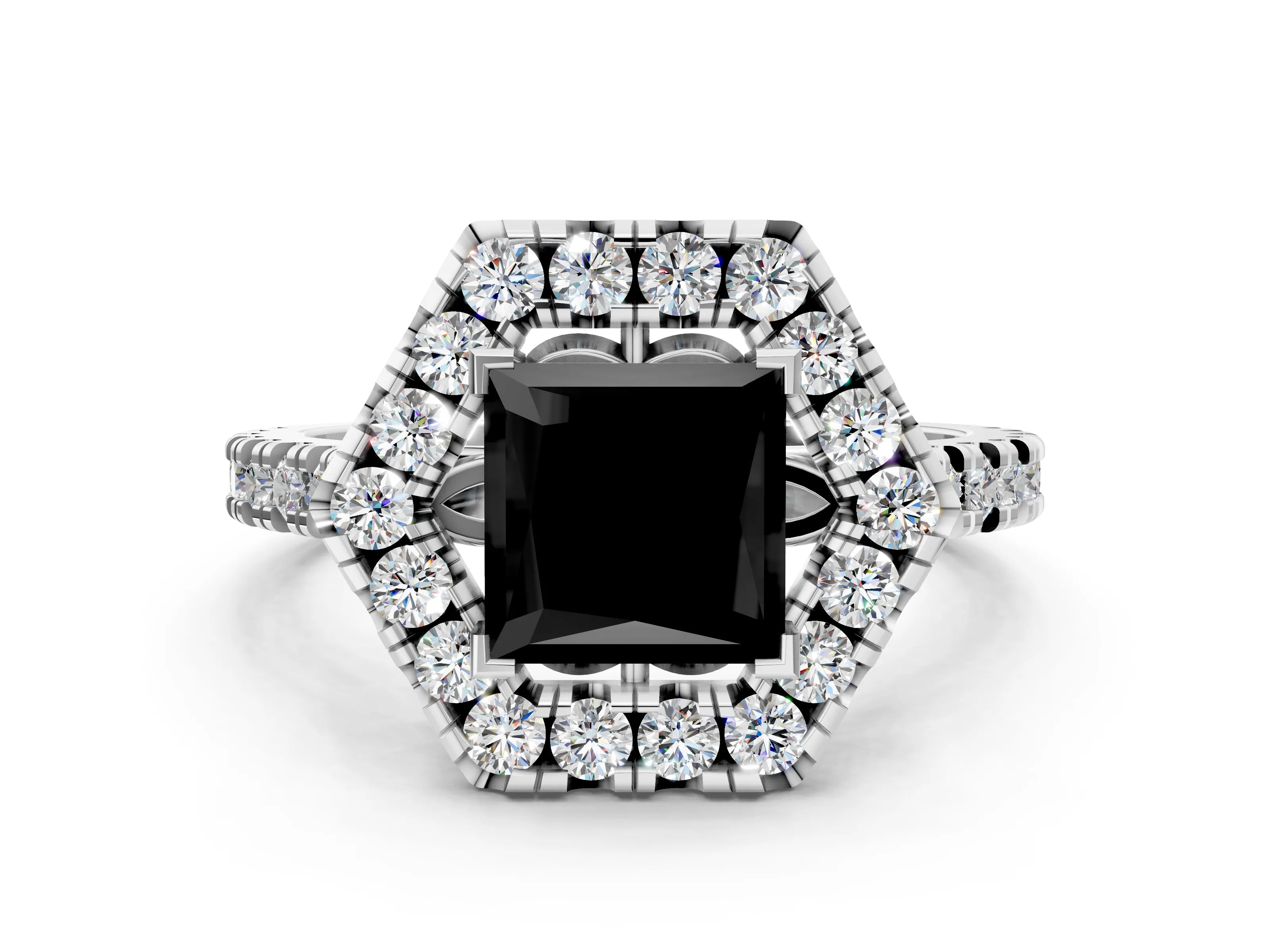 White gold Hexagonal Halo Fancy Black Princess Cut Diamond Pavé Band with Four-Prong Setting