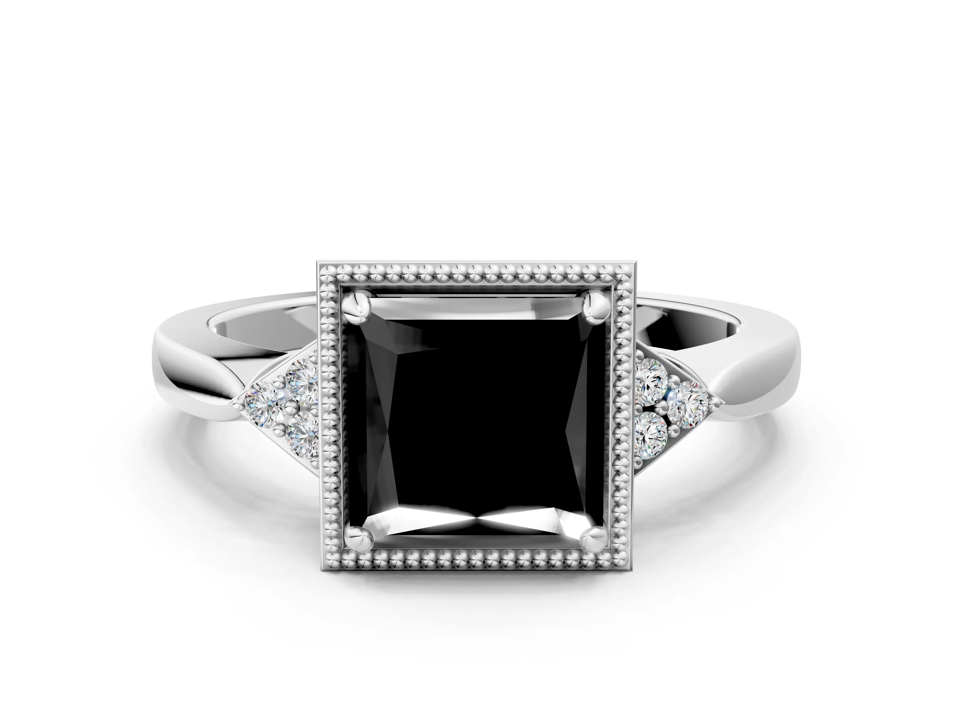 White gold Hexagonal Halo Fancy Black Princess Cut Diamond Solitaire with Pavé Band and Four-Prong Setting_15