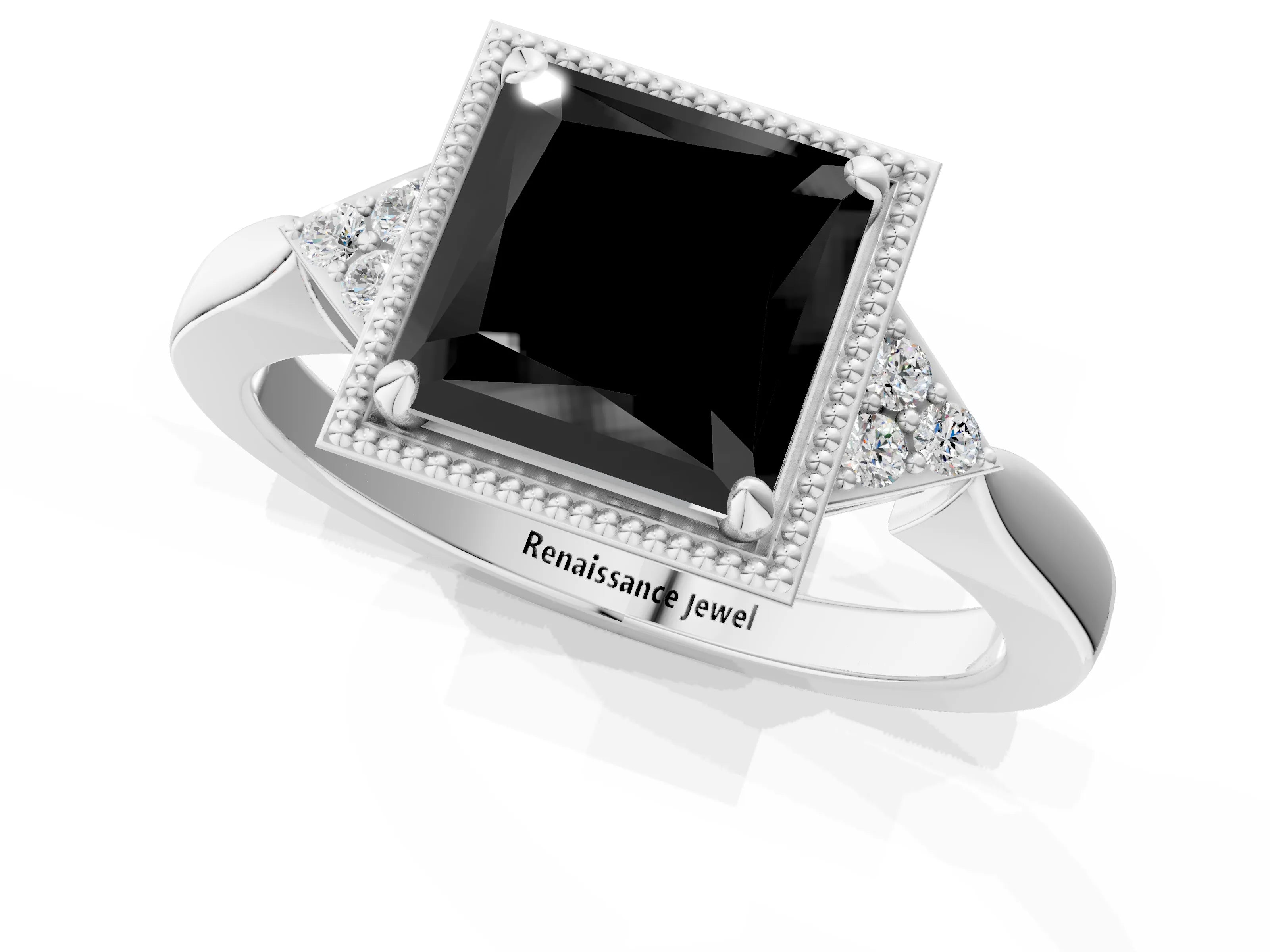 White gold Hexagonal Halo Fancy Black Princess Cut Diamond Solitaire with Pavé Band and Four-Prong Setting_16