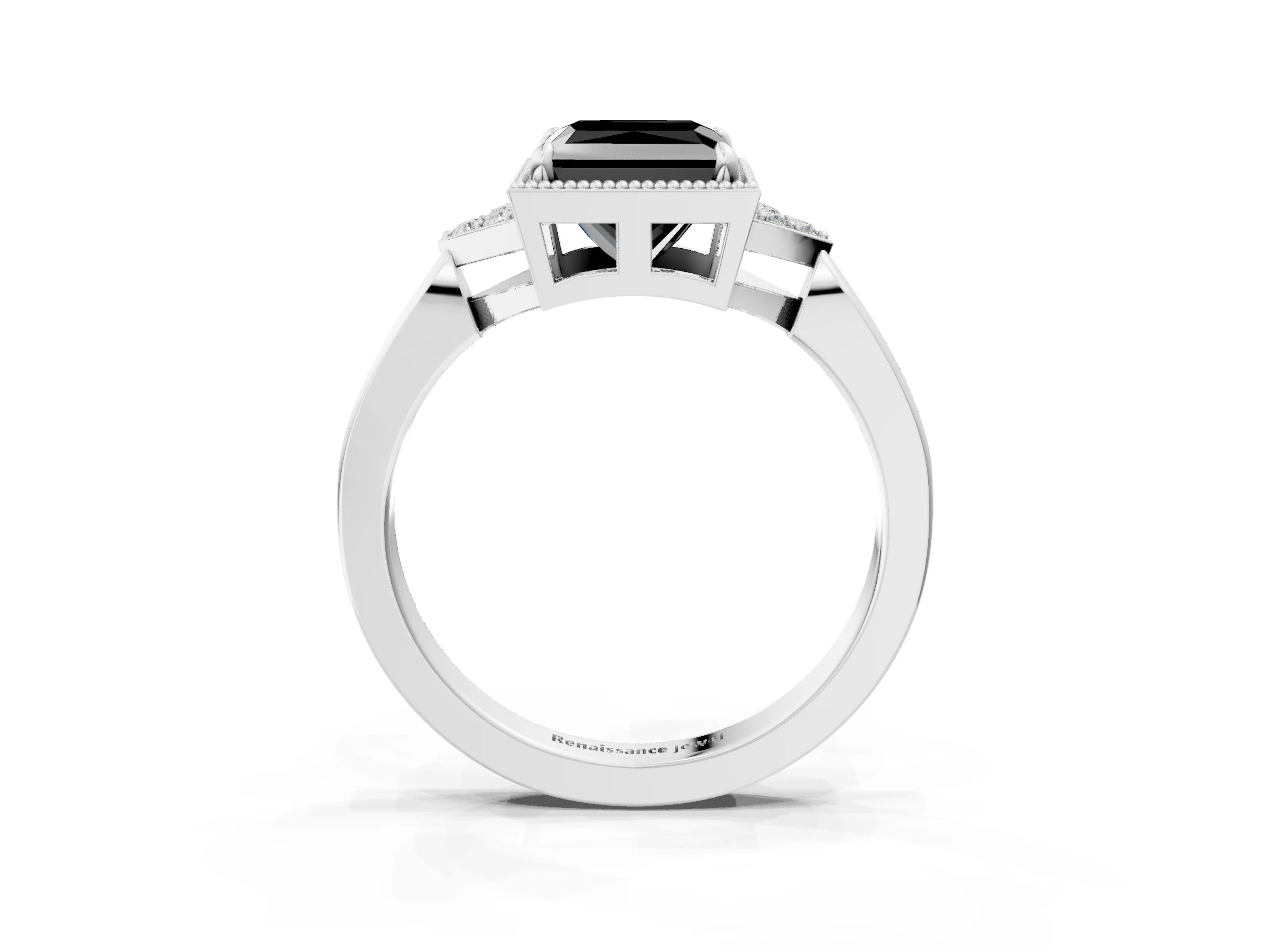 White gold Hexagonal Halo Fancy Black Princess Cut Diamond Solitaire with Pavé Band and Four-Prong Setting_18