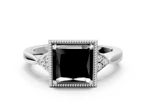 White gold Hexagonal Halo Fancy Black Princess Cut Diamond Solitaire with Pavé Band and Four-Prong Setting_3