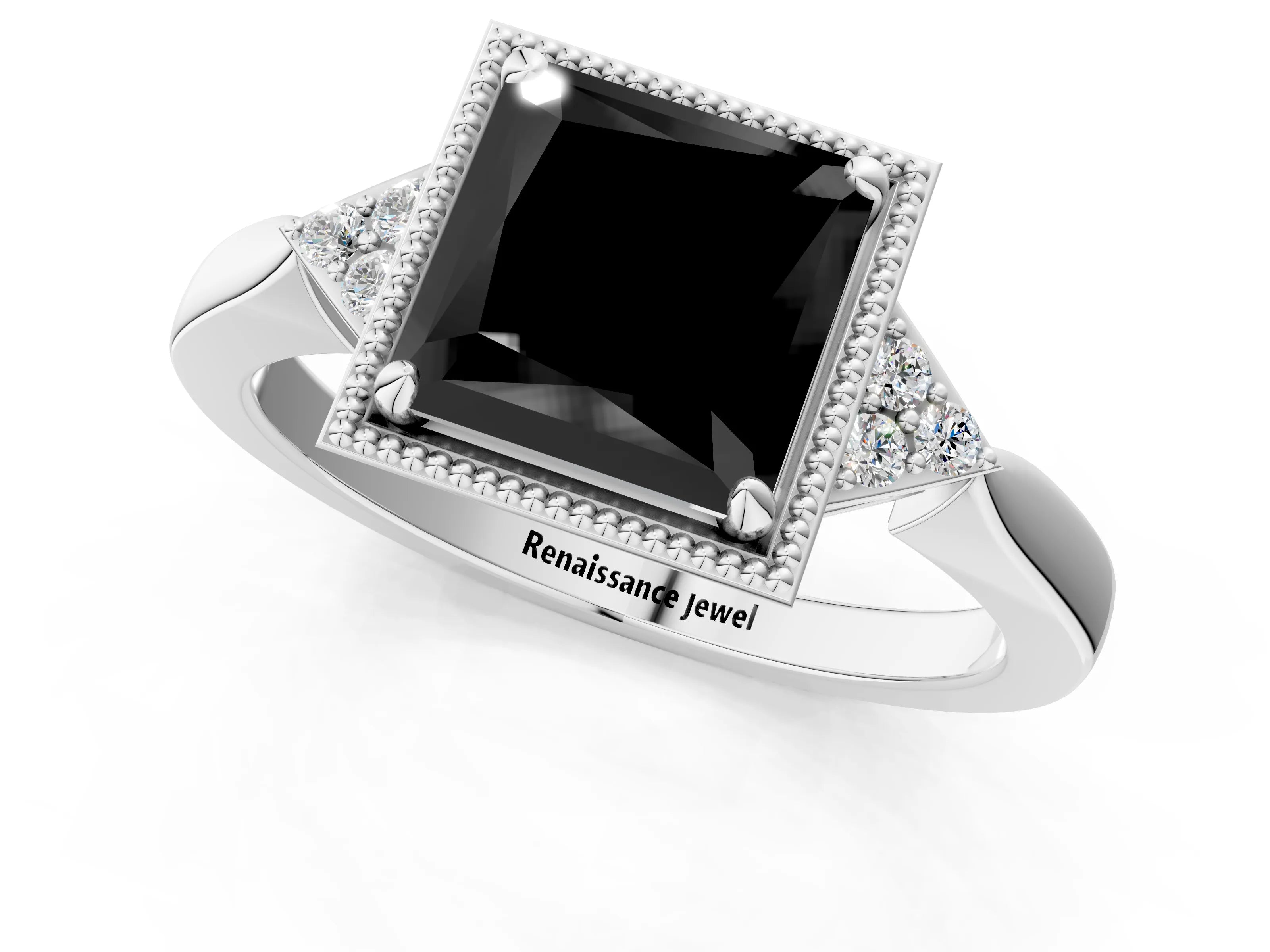 White gold Hexagonal Halo Fancy Black Princess Cut Diamond Solitaire with Pavé Band and Four-Prong Setting_4