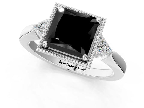 White gold Hexagonal Halo Fancy Black Princess Cut Diamond Solitaire with Pavé Band and Four-Prong Setting_4