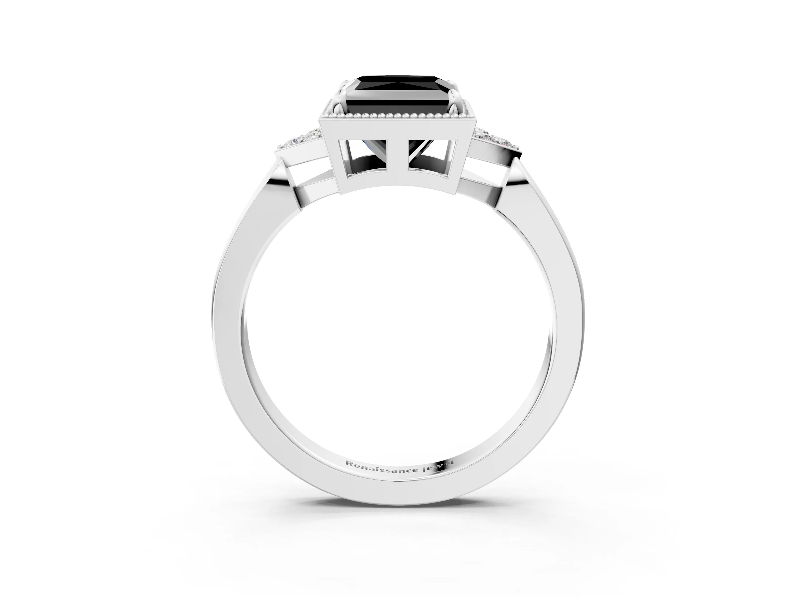 White gold Hexagonal Halo Fancy Black Princess Cut Diamond Solitaire with Pavé Band and Four-Prong Setting_6