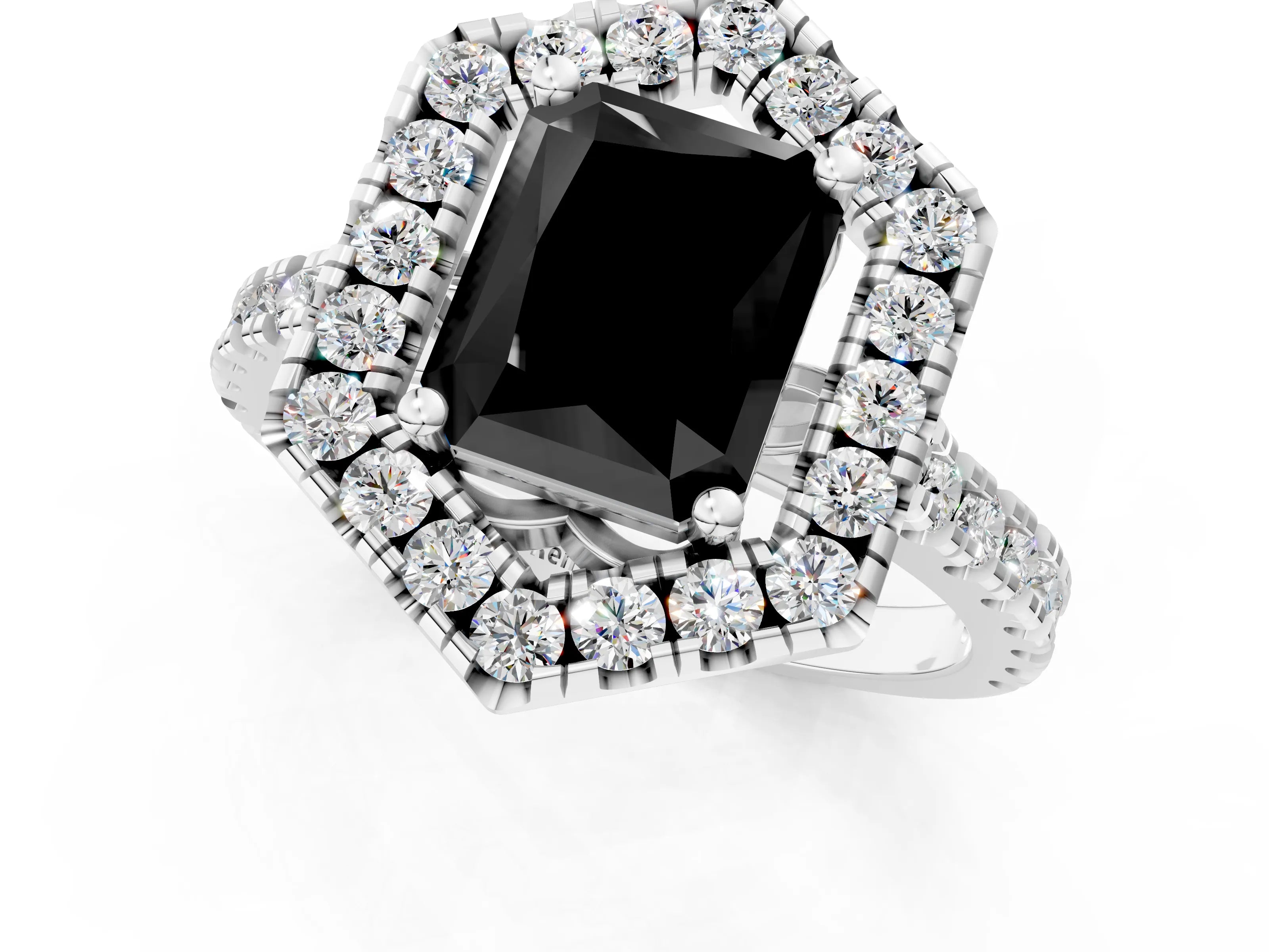 White gold Hexagonal Halo Fancy Black Radiant Cut Diamond Pavé Band with Four-Prong Setting_1