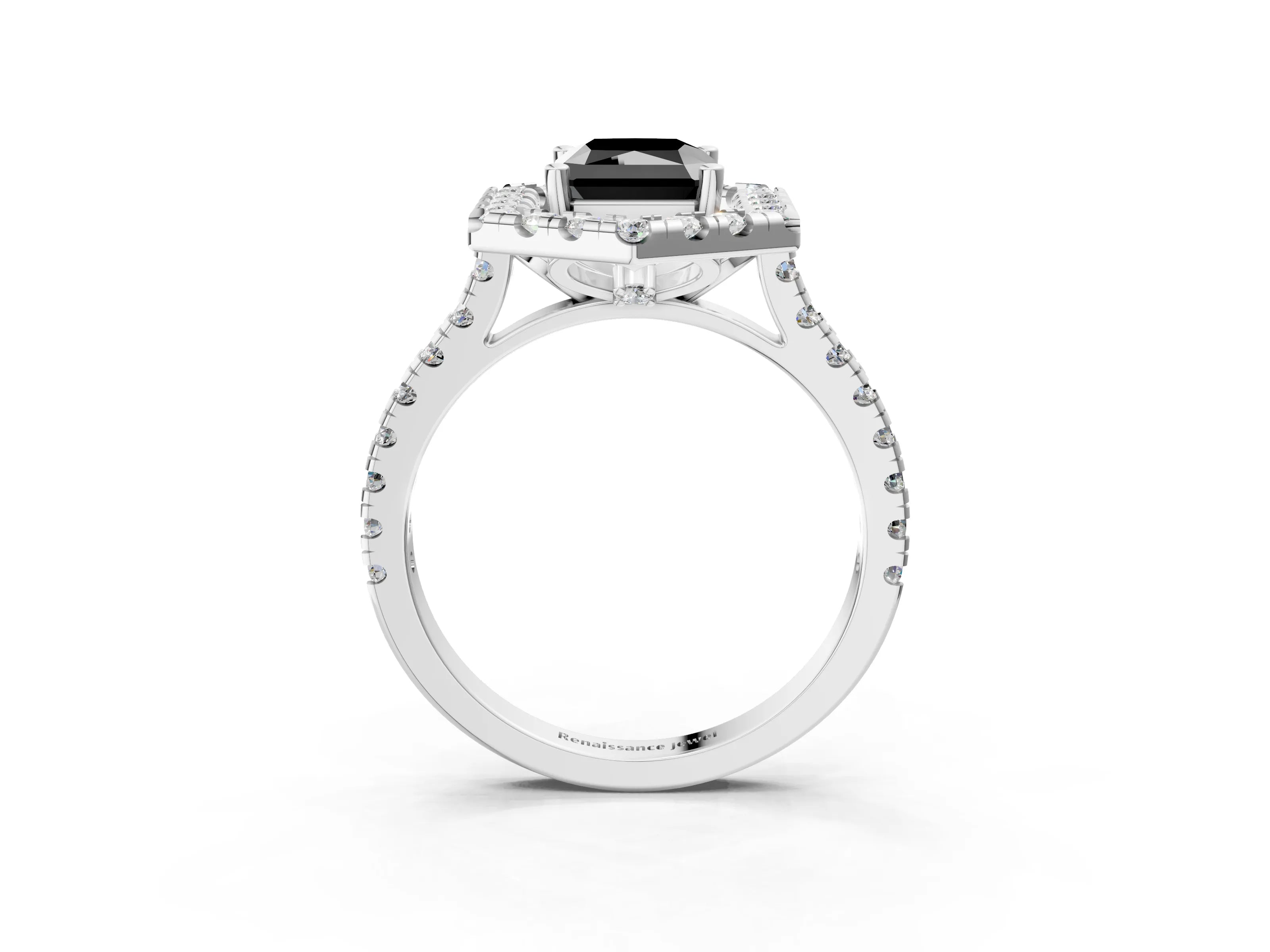 White gold Hexagonal Halo Fancy Black Radiant Cut Diamond Pavé Band with Four-Prong Setting_3