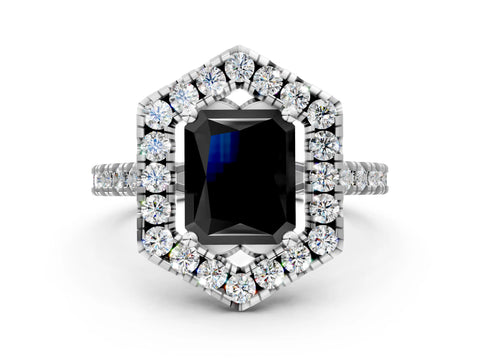White gold Hexagonal Halo Fancy Black Radiant Cut Diamond Pavé Band with Four-Prong Setting