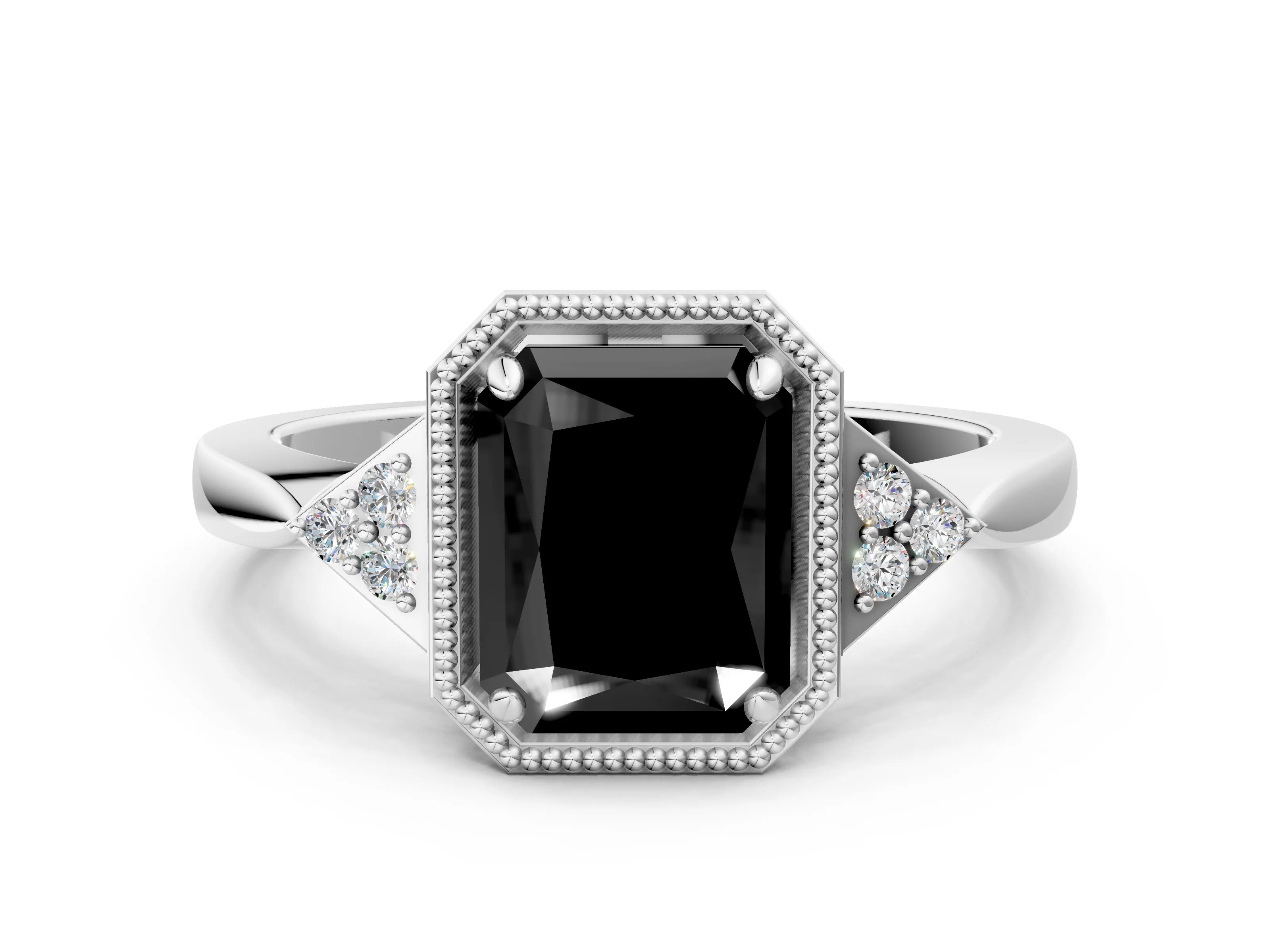 White gold Hexagonal Halo Fancy Black Radiant Cut Diamond Solitaire with Pavé Band and Four-Prong Setting_15