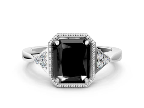White gold Hexagonal Halo Fancy Black Radiant Cut Diamond Solitaire with Pavé Band and Four-Prong Setting_15