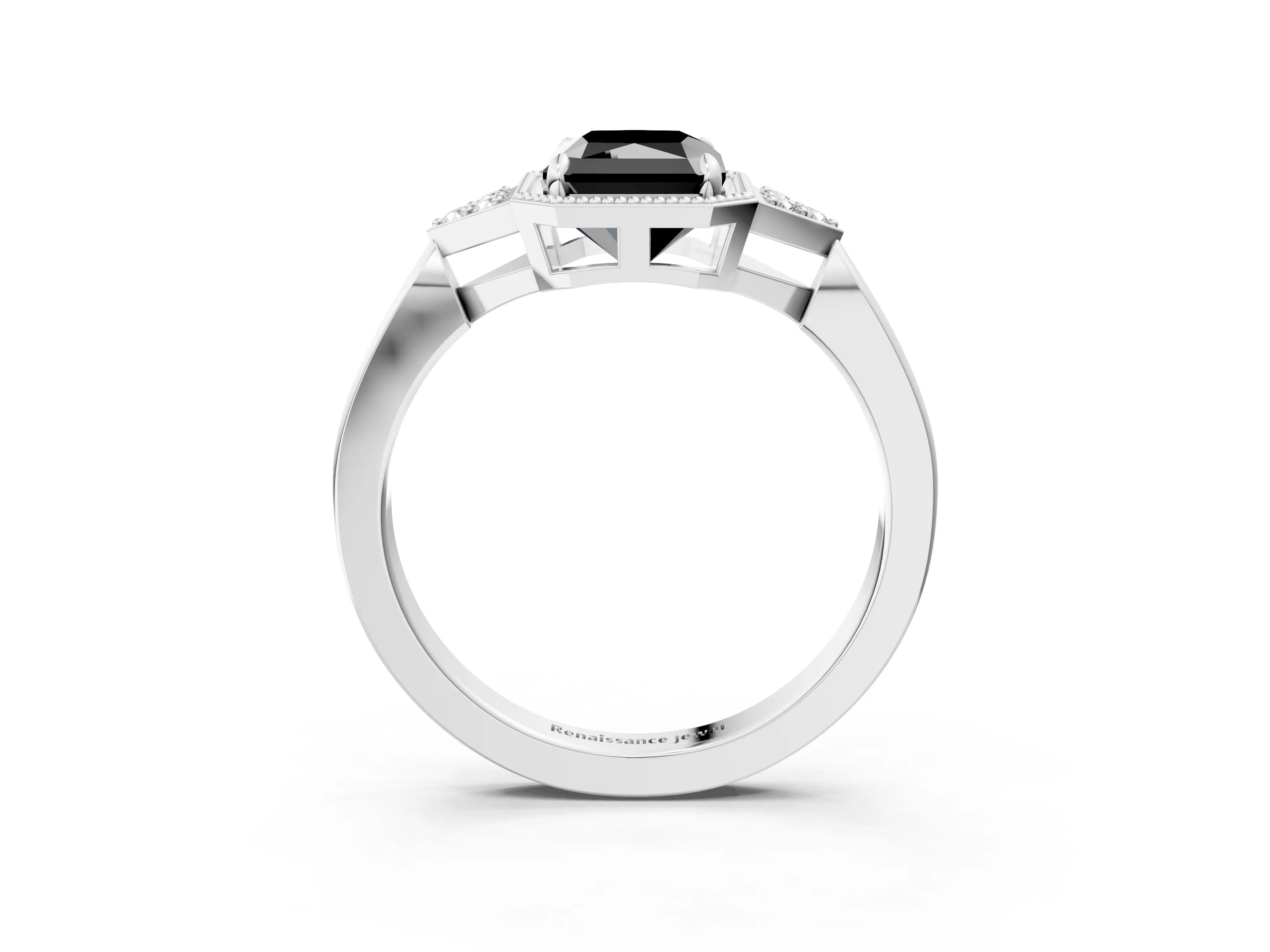 White gold Hexagonal Halo Fancy Black Radiant Cut Diamond Solitaire with Pavé Band and Four-Prong Setting_18