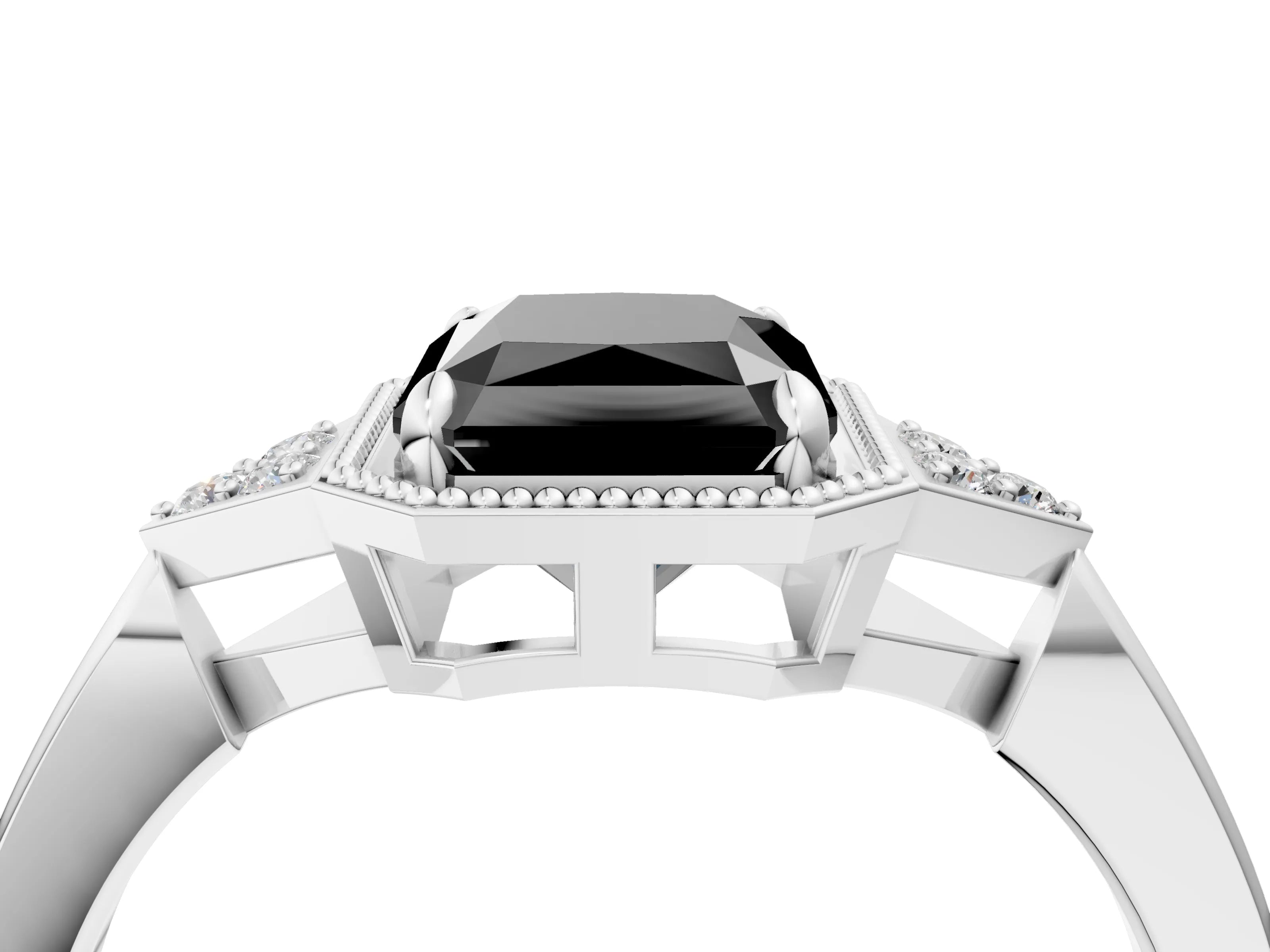 White gold Hexagonal Halo Fancy Black Radiant Cut Diamond Solitaire with Pavé Band and Four-Prong Setting_19