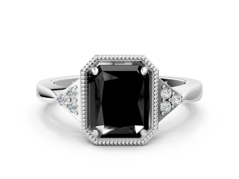 White gold Hexagonal Halo Fancy Black Radiant Cut Diamond Solitaire with Pavé Band and Four-Prong Setting_3