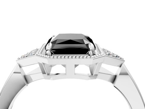 White gold Hexagonal Halo Fancy Black Radiant Cut Diamond Solitaire with Pavé Band and Four-Prong Setting_7