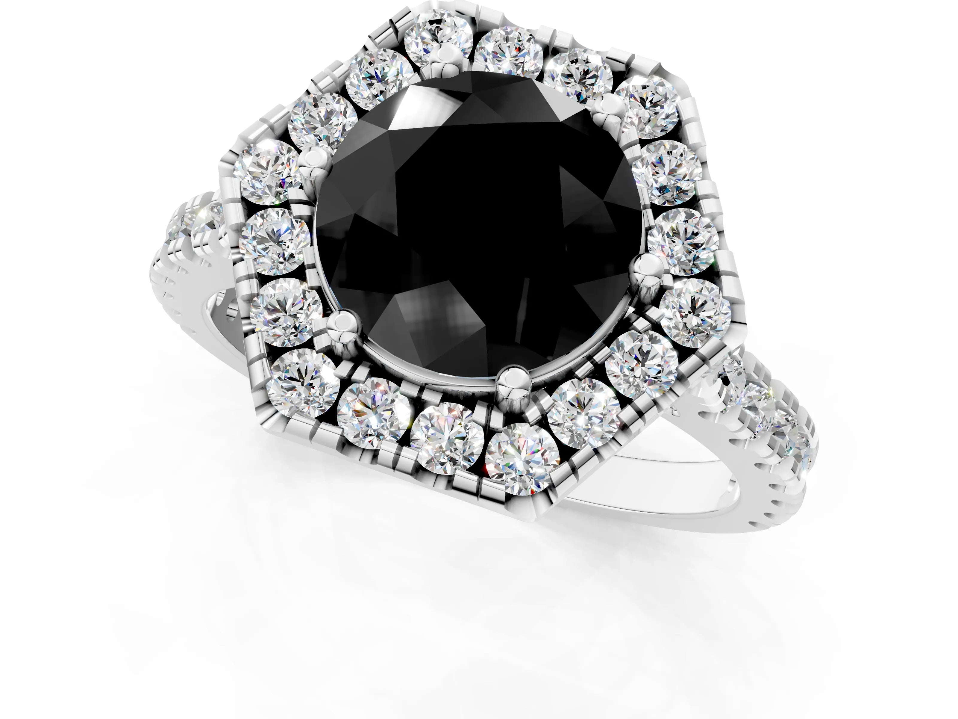 White gold Hexagonal Halo Fancy Black Round Cut Diamond Pavé Band with Four-Prong Setting_1