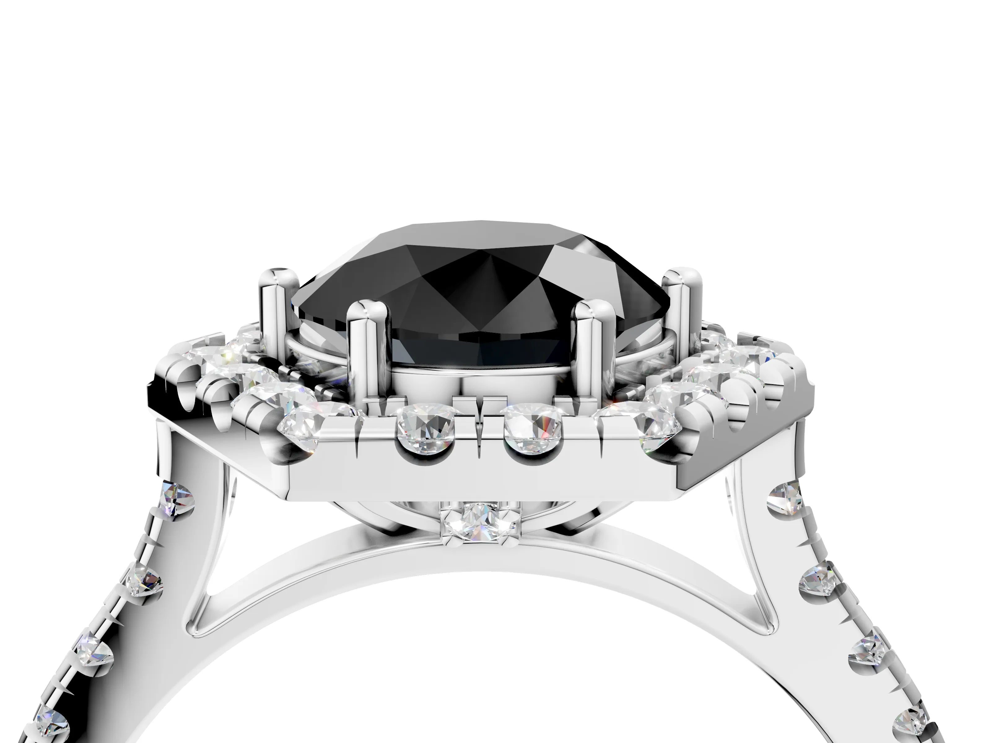 White gold Hexagonal Halo Fancy Black Round Cut Diamond Pavé Band with Four-Prong Setting_4