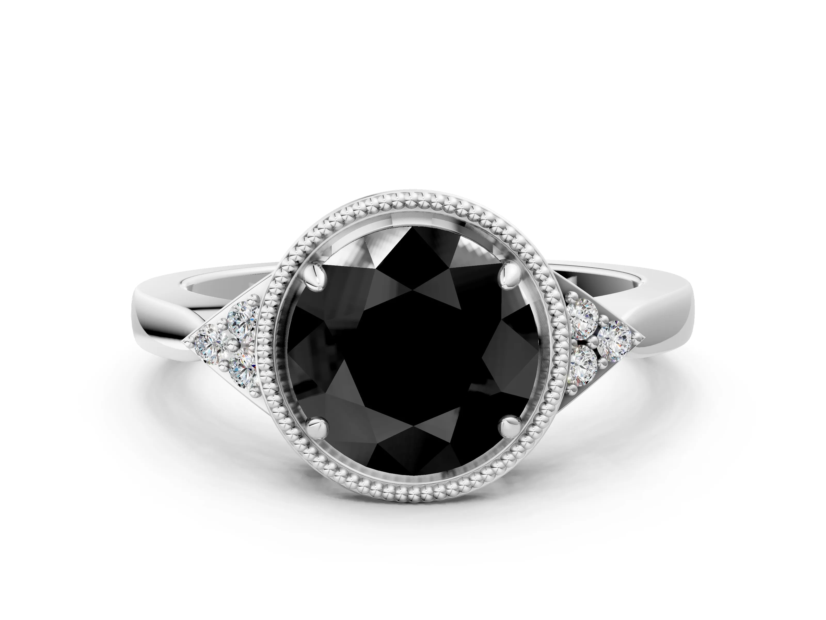 White gold Hexagonal Halo Fancy Black Round Cut Diamond Solitaire with Pavé Band and Four-Prong Setting_15