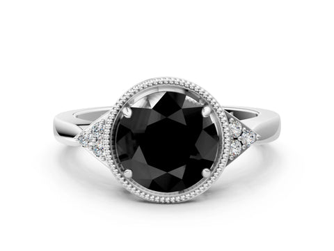 White gold Hexagonal Halo Fancy Black Round Cut Diamond Solitaire with Pavé Band and Four-Prong Setting_15