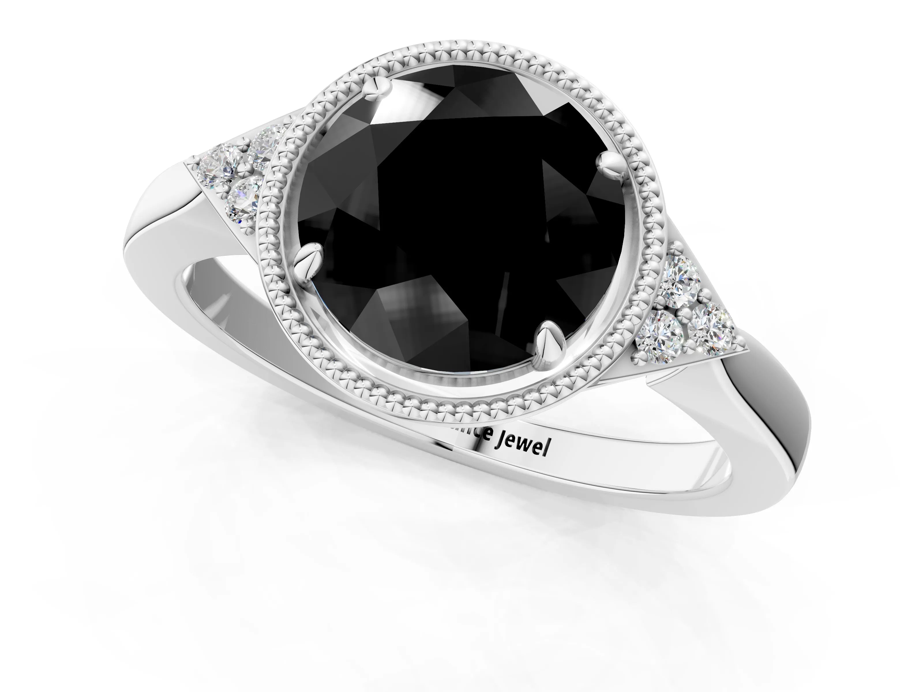White gold Hexagonal Halo Fancy Black Round Cut Diamond Solitaire with Pavé Band and Four-Prong Setting_16