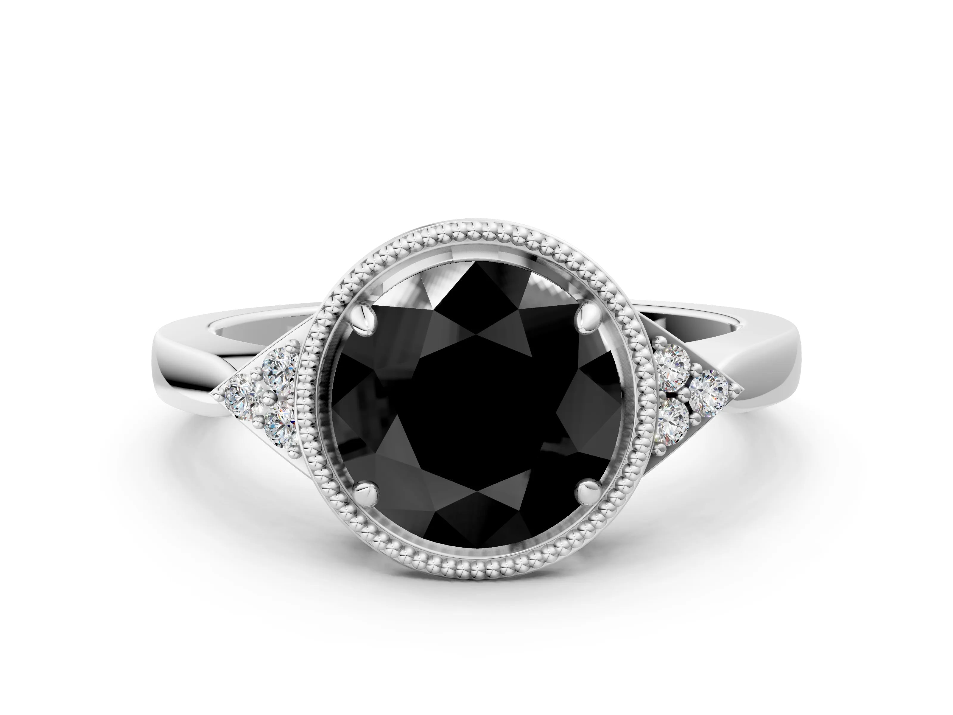 White gold Hexagonal Halo Fancy Black Round Cut Diamond Solitaire with Pavé Band and Four-Prong Setting_26