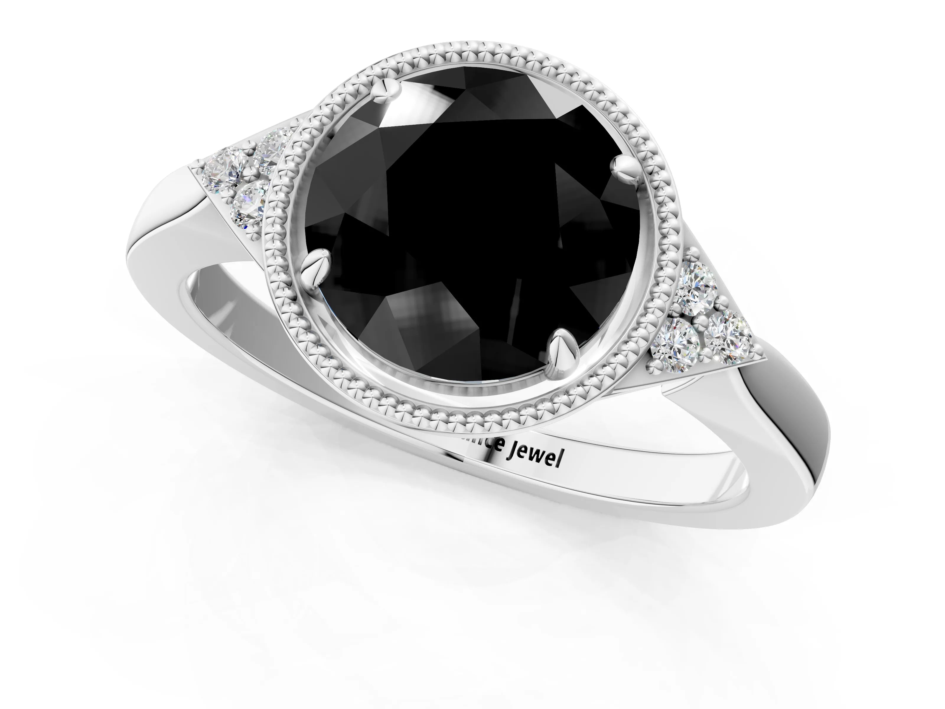 White gold Hexagonal Halo Fancy Black Round Cut Diamond Solitaire with Pavé Band and Four-Prong Setting_27