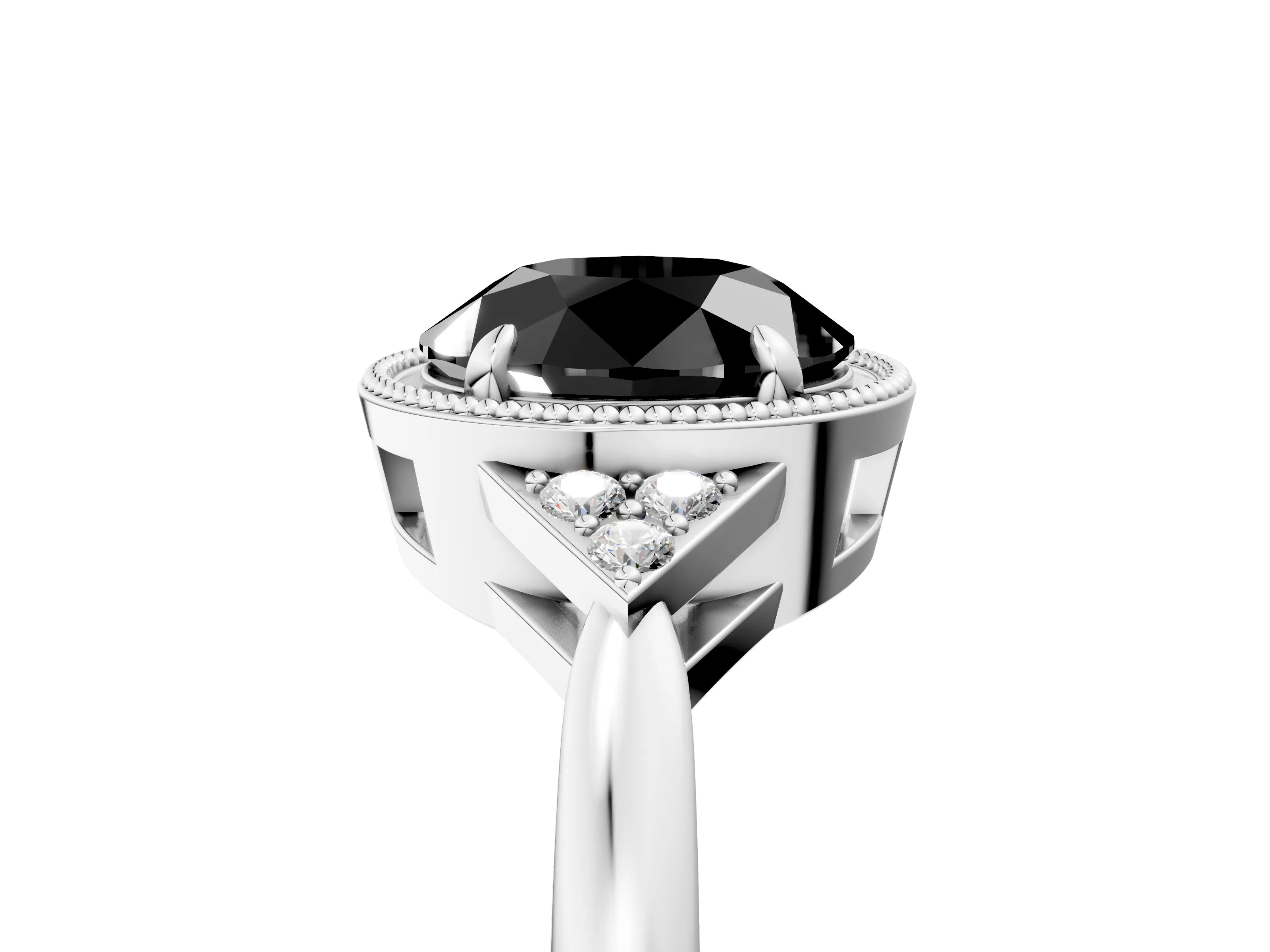 White gold Hexagonal Halo Fancy Black Round Cut Diamond Solitaire with Pavé Band and Four-Prong Setting_31