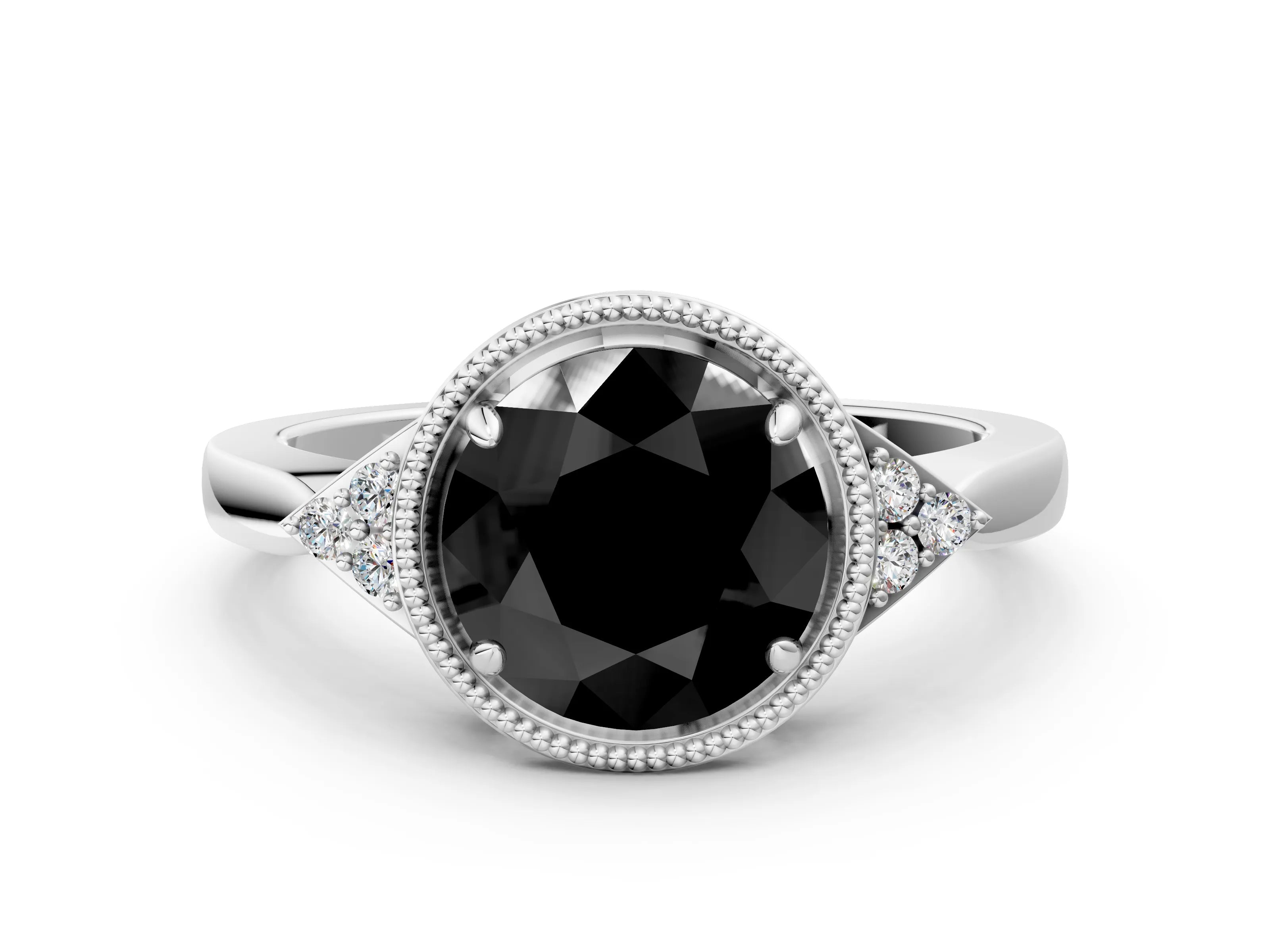 White gold Hexagonal Halo Fancy Black Round Cut Diamond Solitaire with Pavé Band and Four-Prong Setting_35
