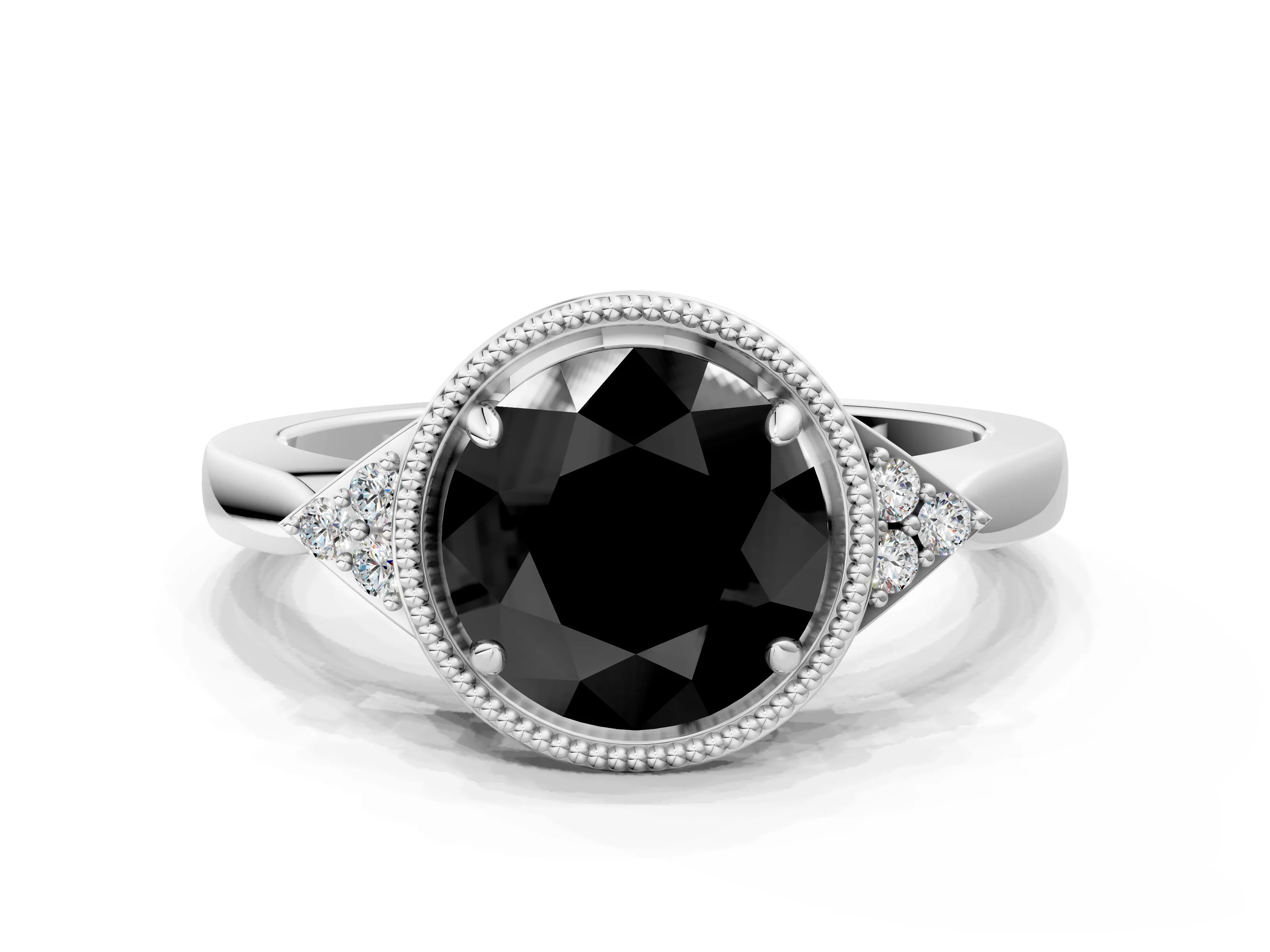 White gold Hexagonal Halo Fancy Black Round Cut Diamond Solitaire with Pavé Band and Four-Prong Setting_3