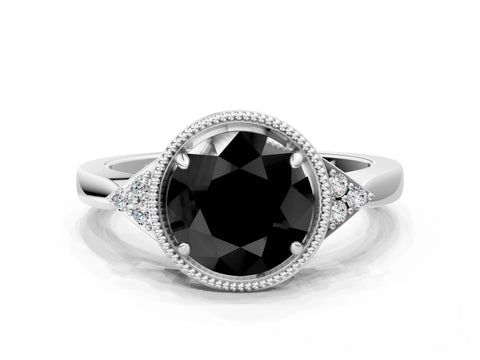 White gold Hexagonal Halo Fancy Black Round Cut Diamond Solitaire with Pavé Band and Four-Prong Setting_3