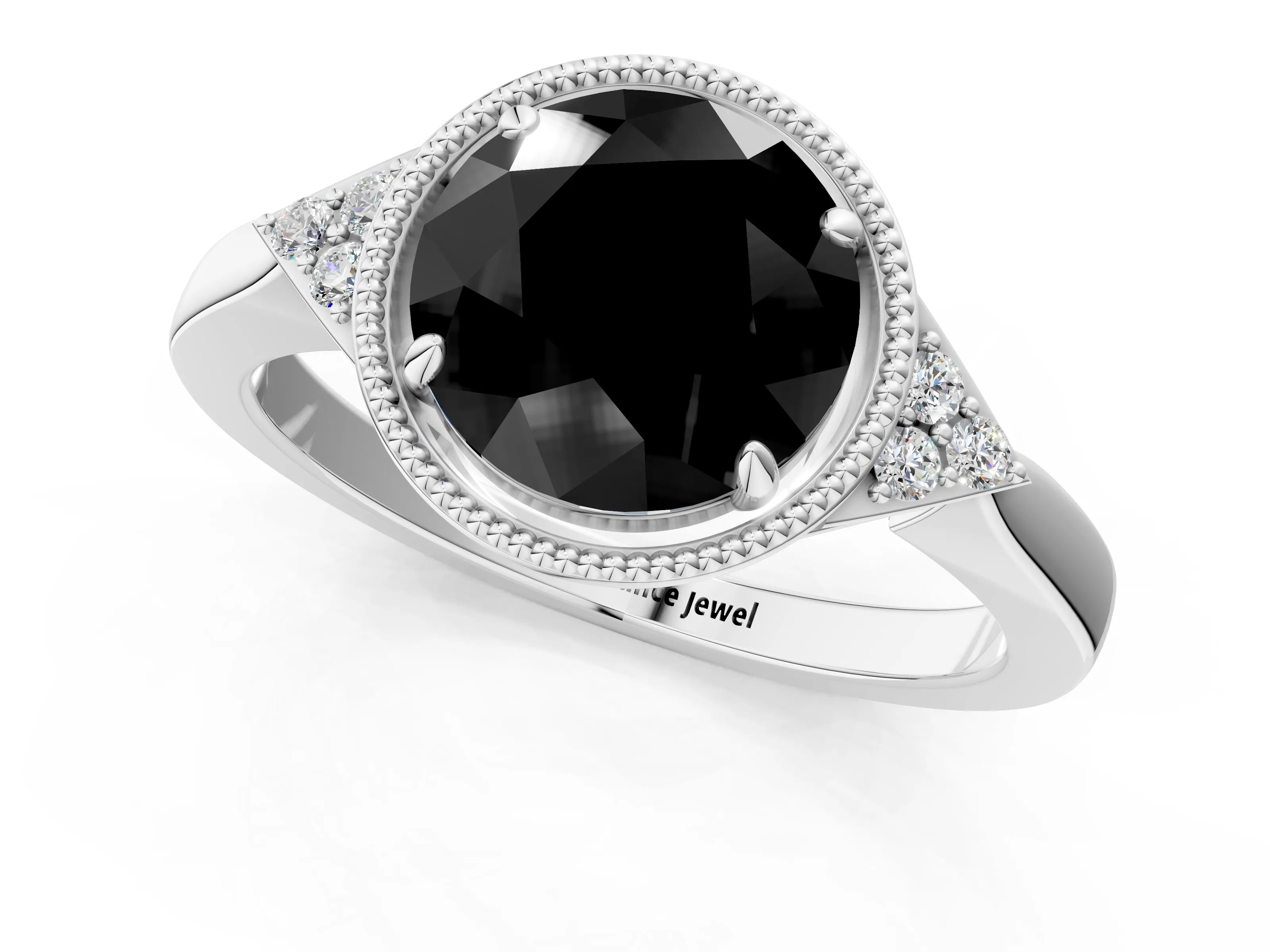 White gold Hexagonal Halo Fancy Black Round Cut Diamond Solitaire with Pavé Band and Four-Prong Setting_40